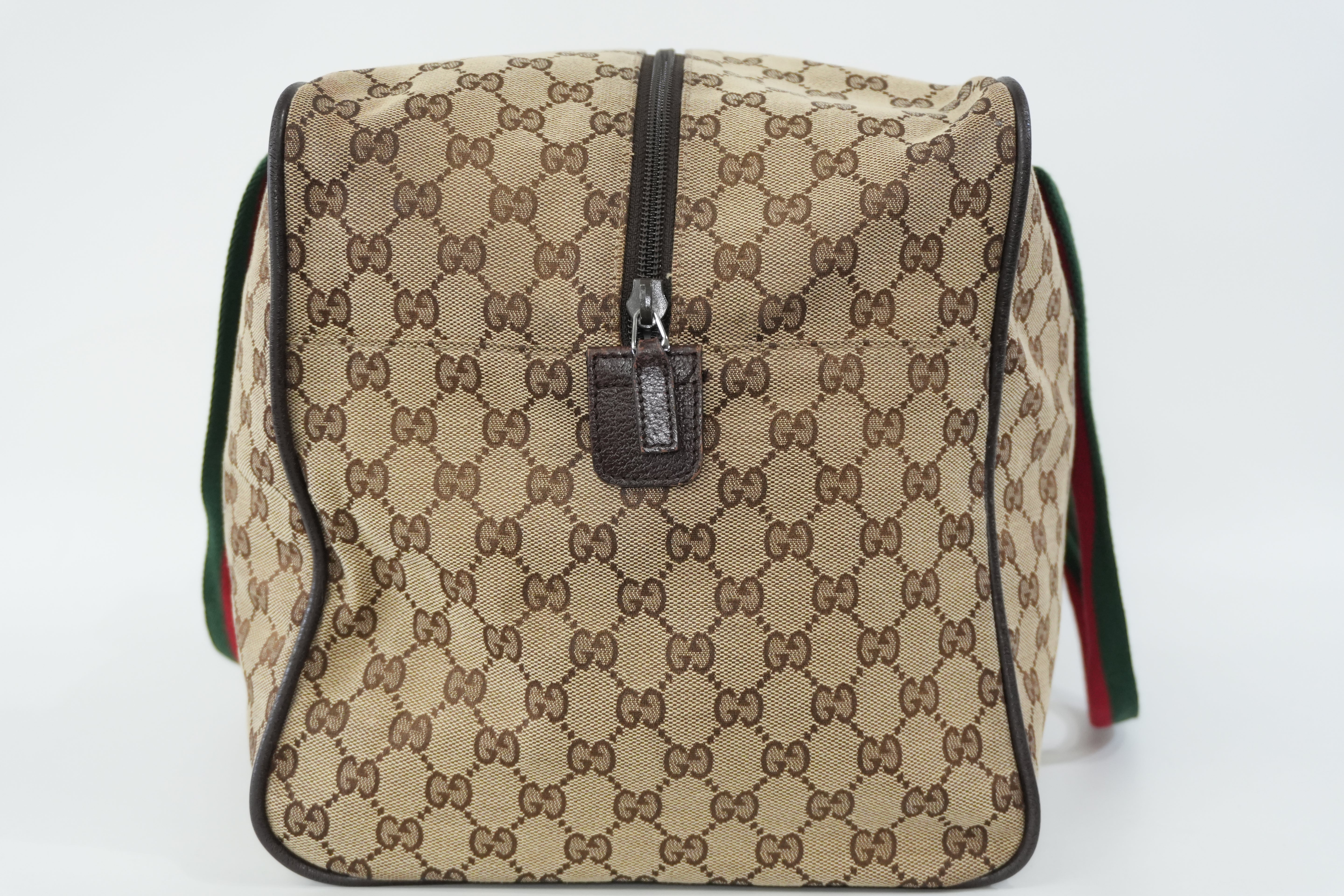 Pre-Owned Gucci Fabric Canvas Web Sherryline Duffle Bag Brown