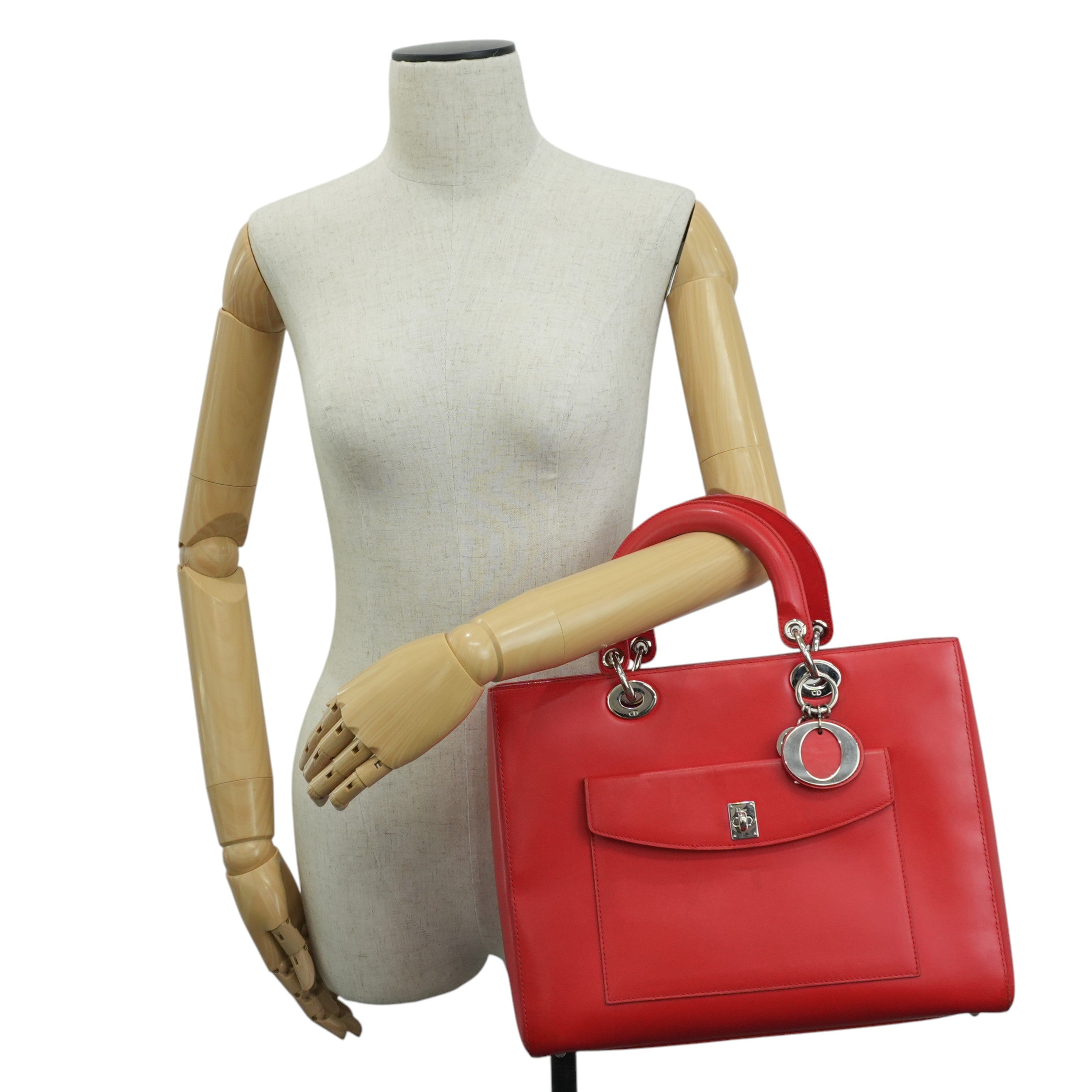 Christian Dior Leather Lady Dior Tote Handbag Red Used