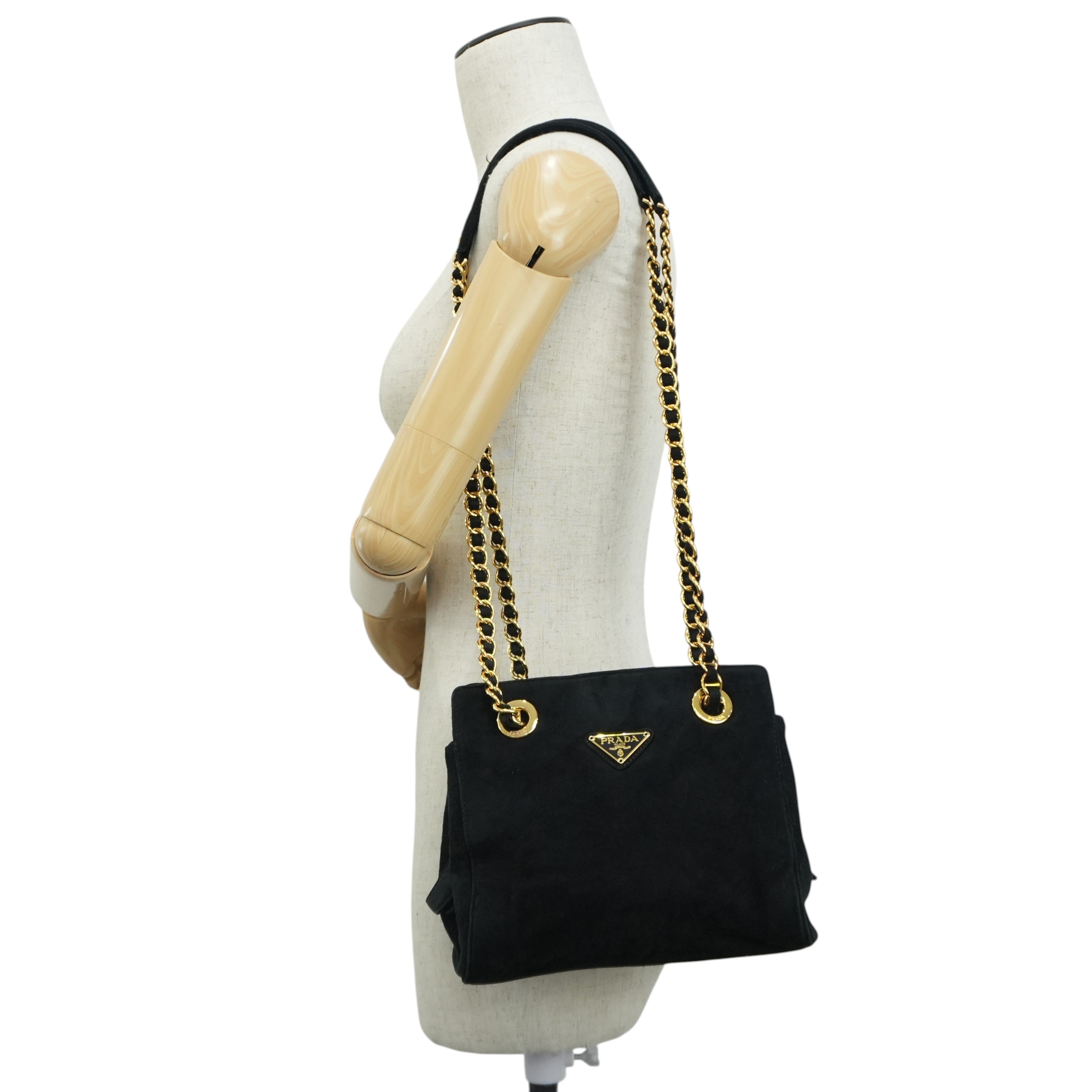 Prada Suede Leather Chain Shoulder Bag Black Used