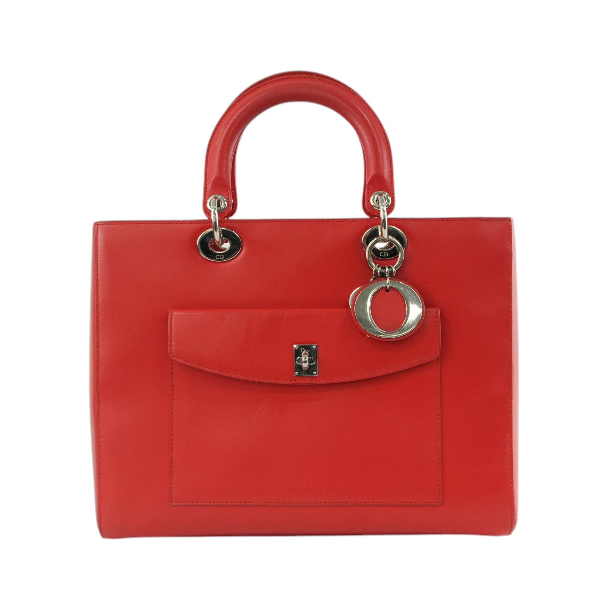 Christian Dior Leather Lady Dior Tote Handbag Red Used