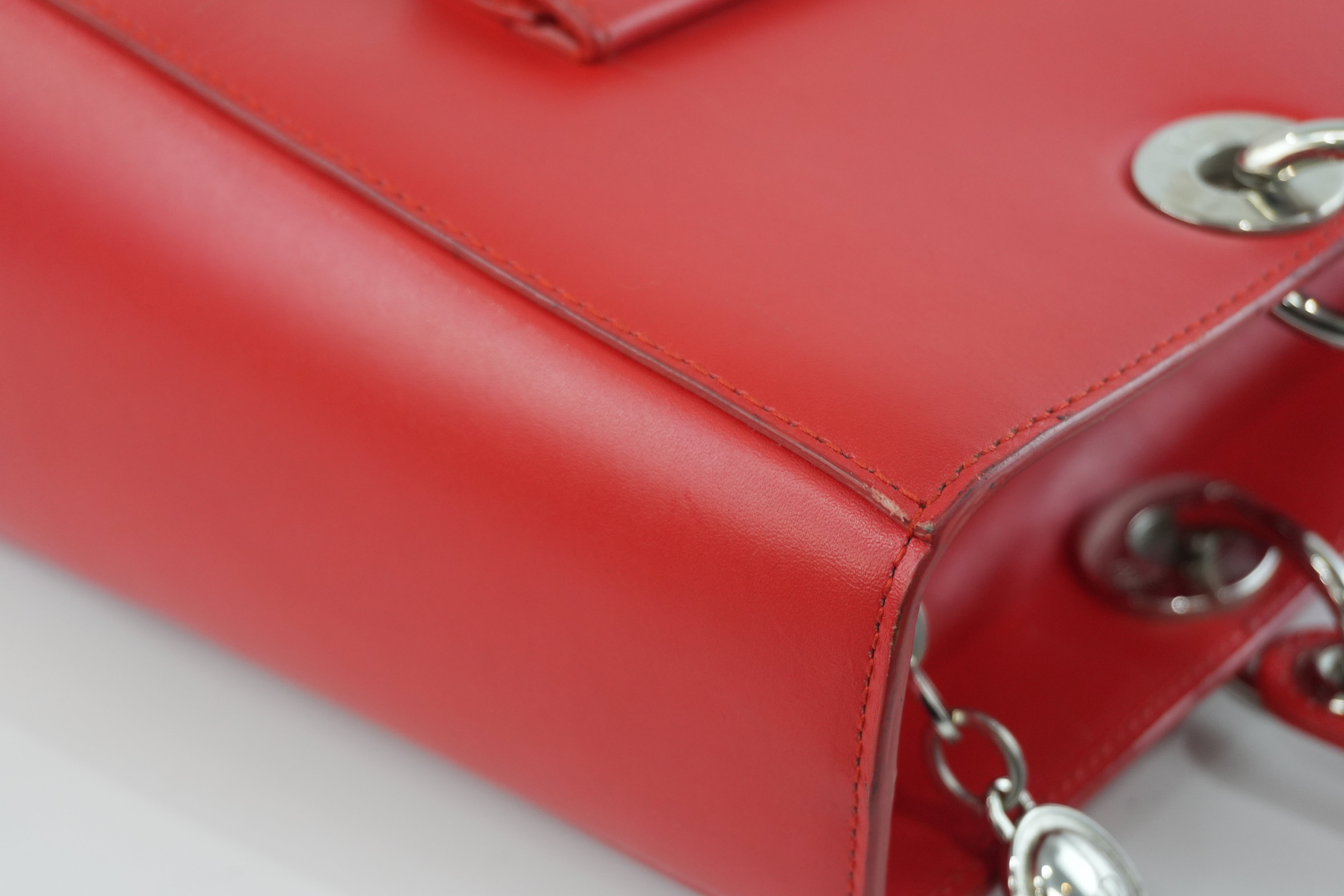 Christian Dior Leather Lady Dior Tote Handbag Red Used