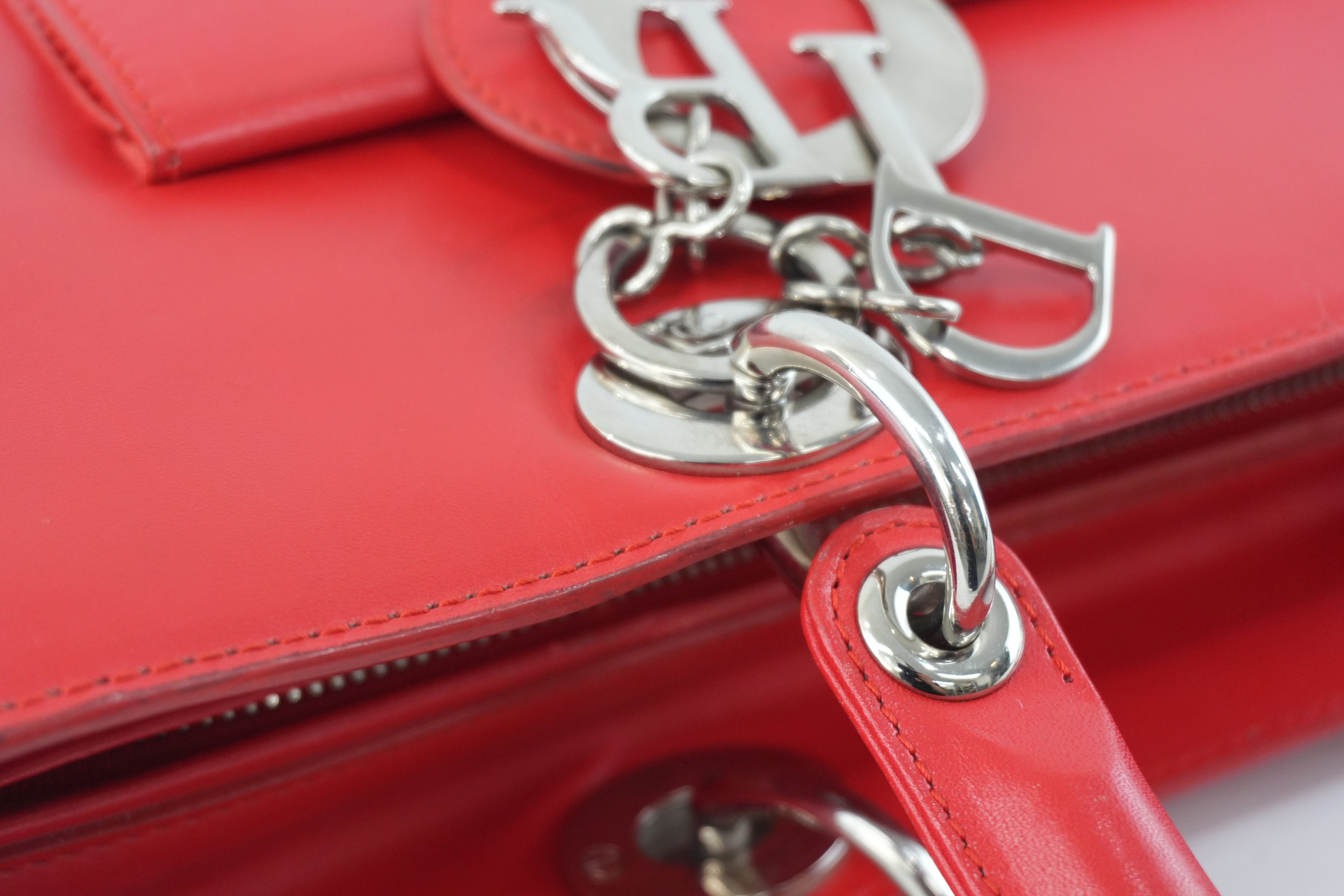 Christian Dior Leather Lady Dior Tote Handbag Red Used