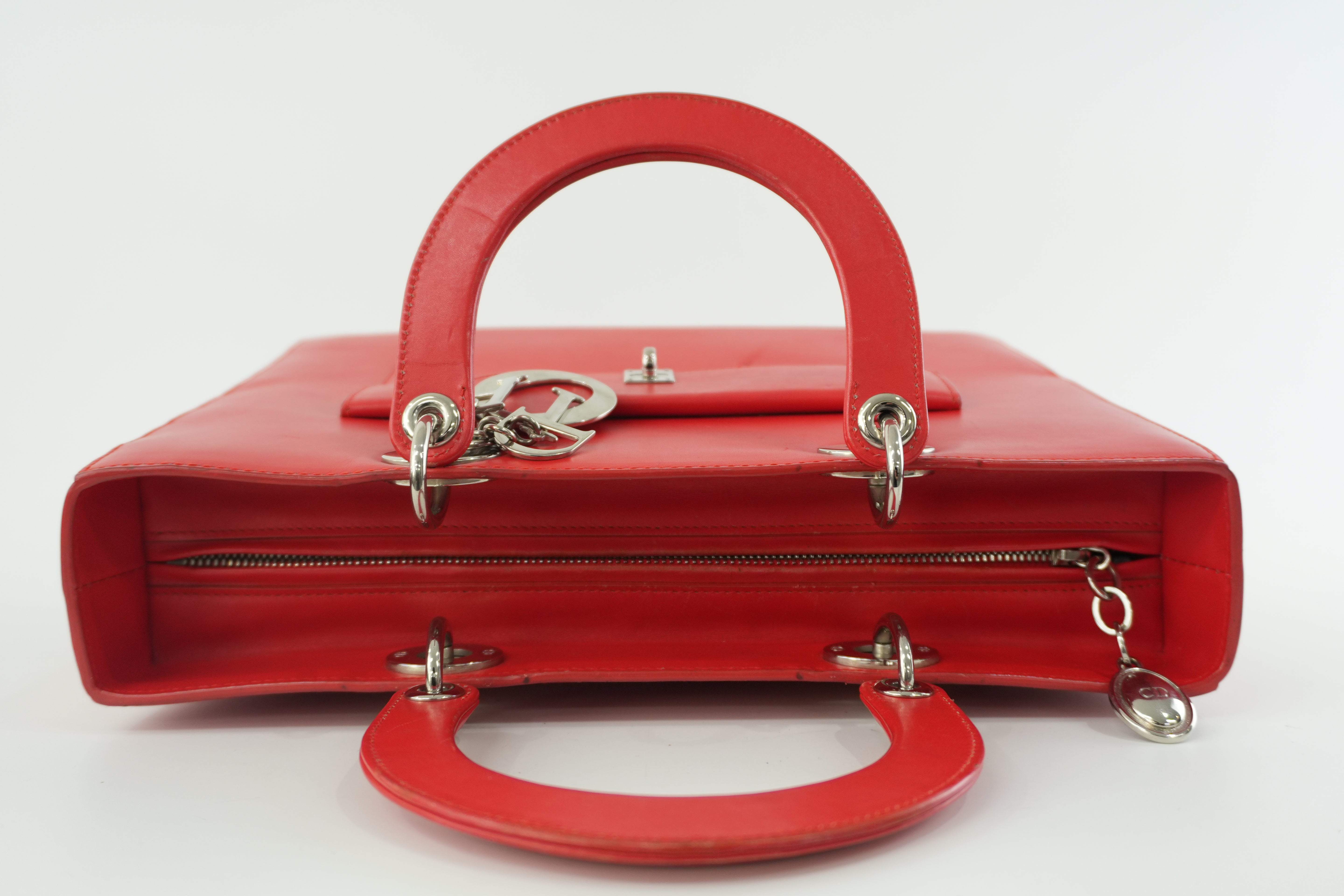 Christian Dior Leather Lady Dior Tote Handbag Red Used