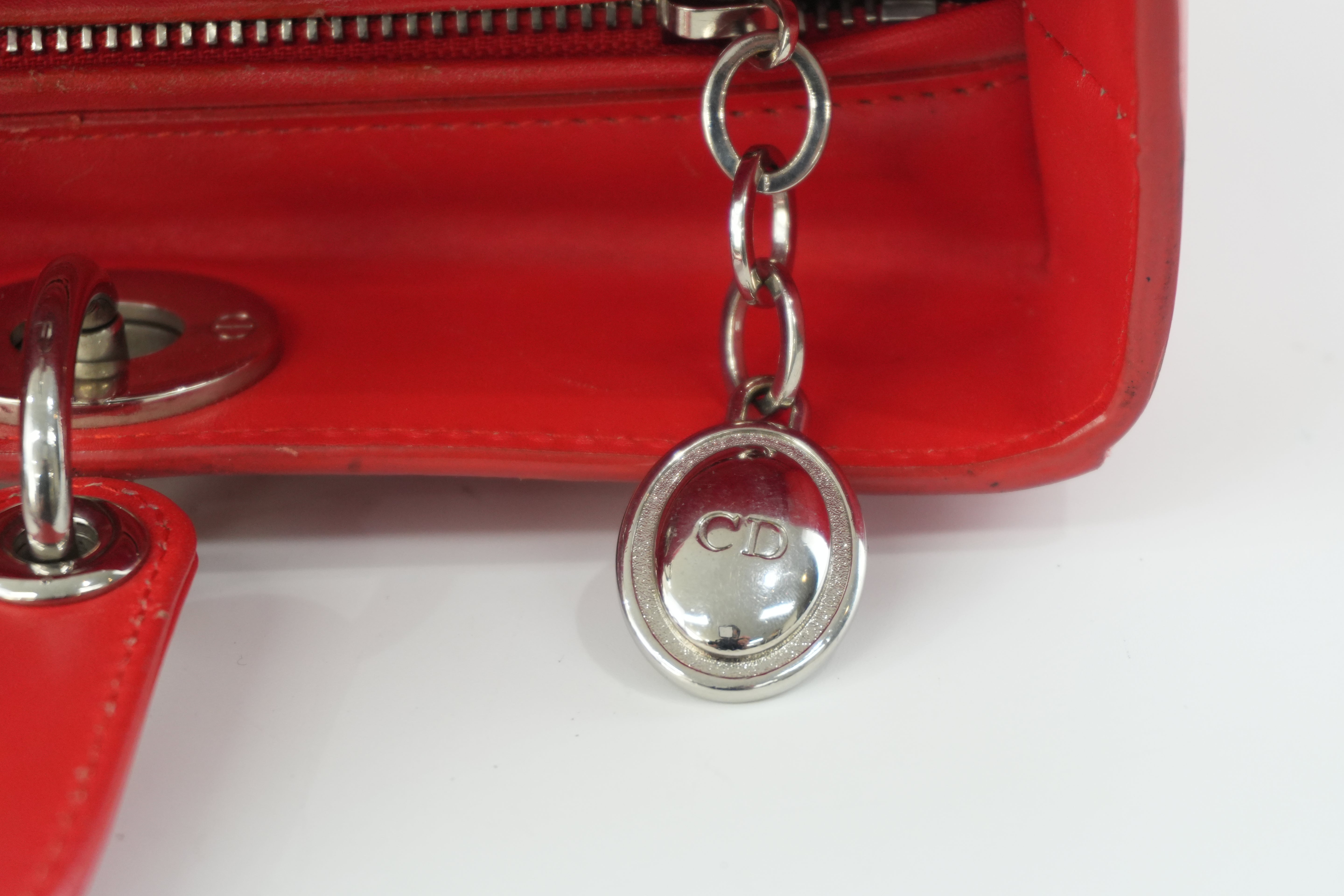 Christian Dior Leather Lady Dior Tote Handbag Red Used