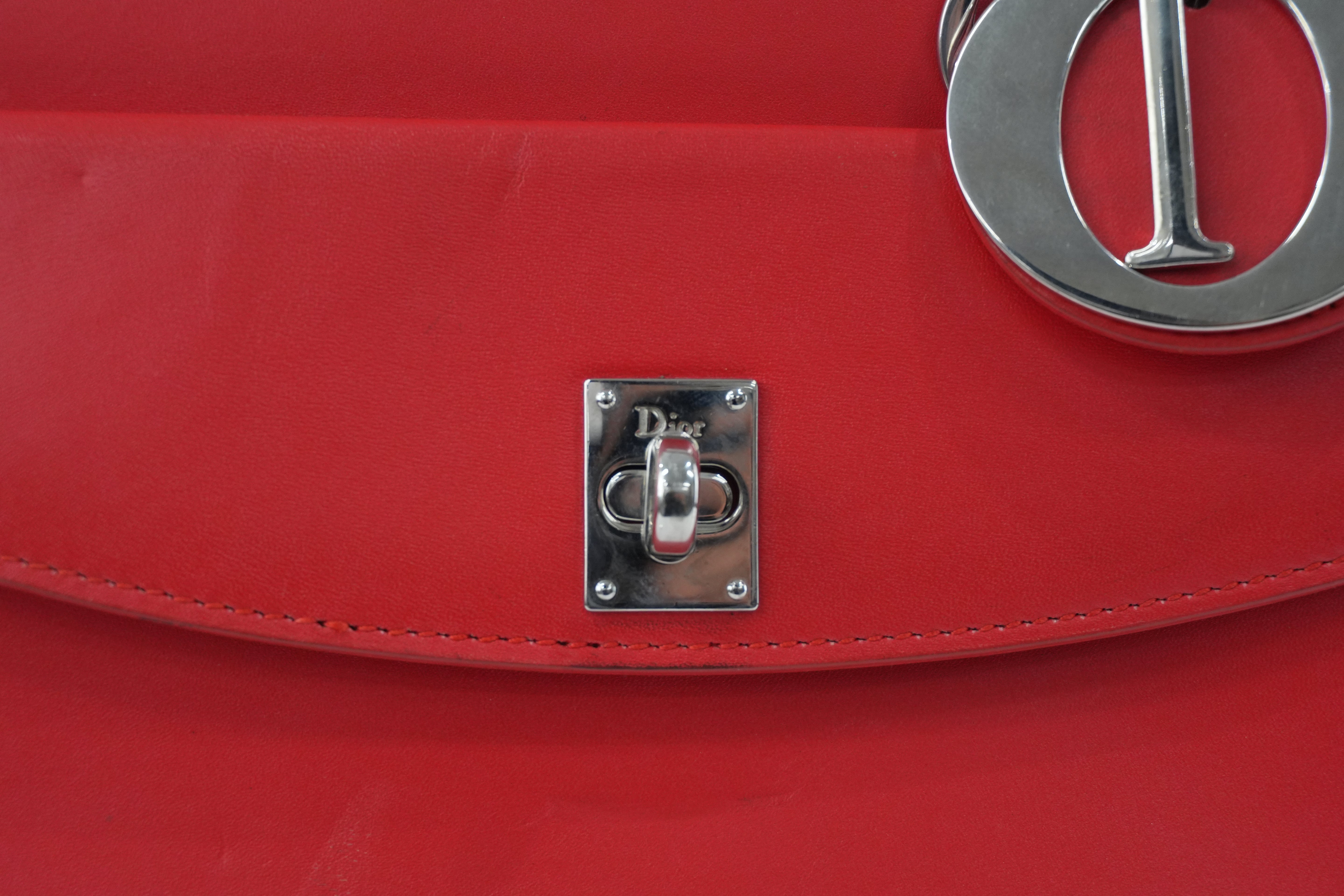 Christian Dior Leather Lady Dior Tote Handbag Red Used