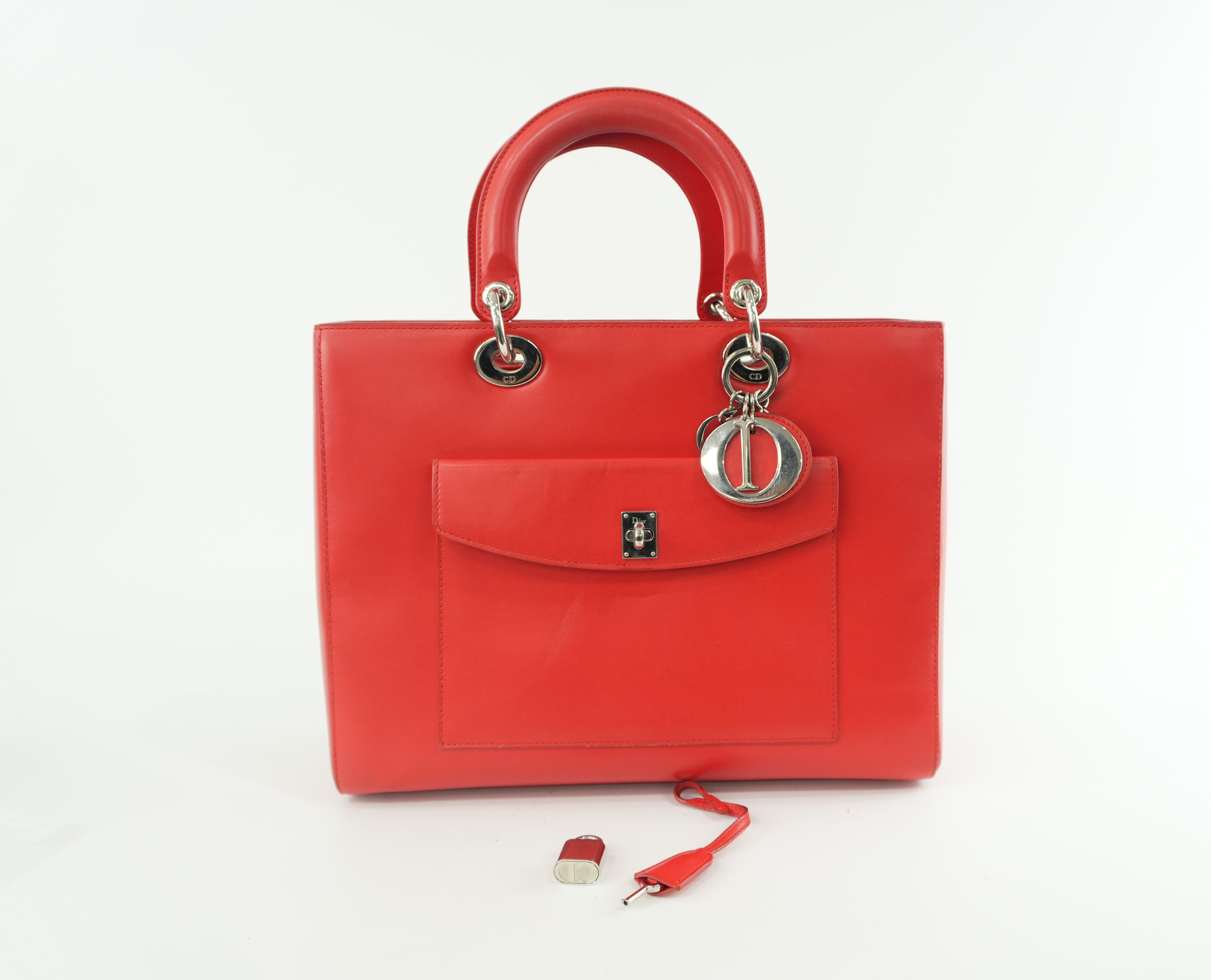 Christian Dior Leather Lady Dior Tote Handbag Red Used