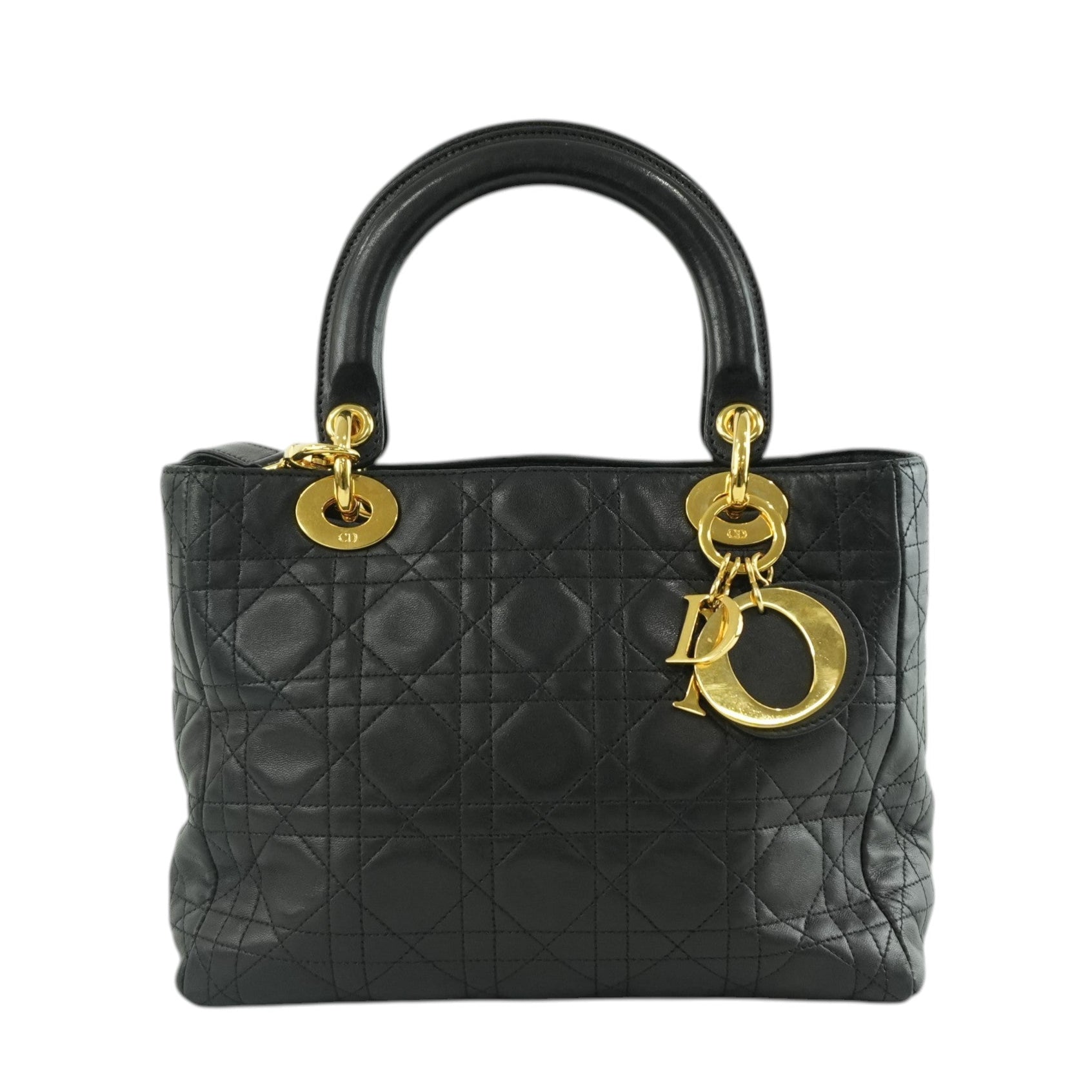 Christian Dior Leather Lady D-Lite Shoulder Bag Black Used