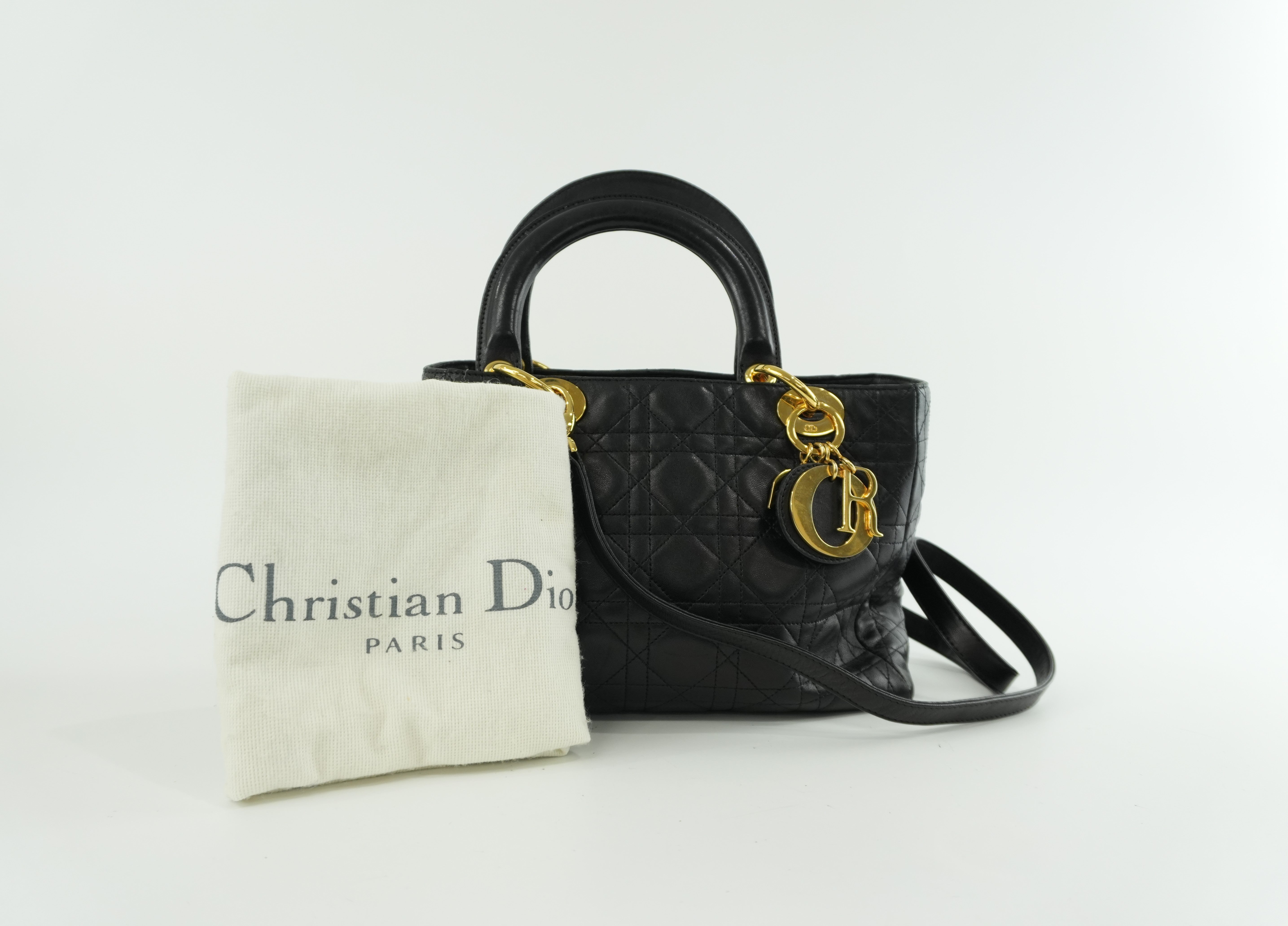 Christian Dior Leather Lady D-Lite Shoulder Bag Black Used
