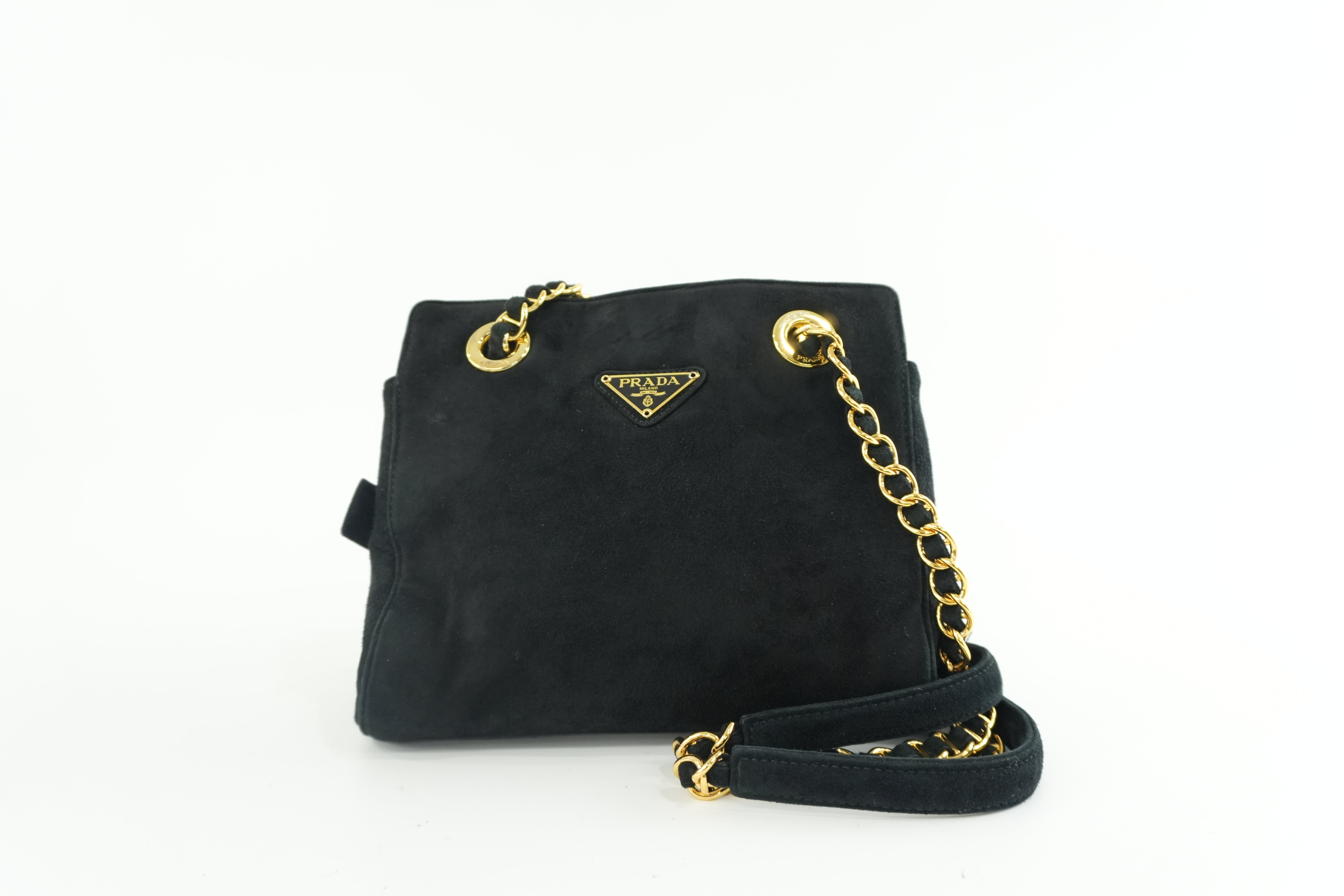 Prada Suede Leather Chain Shoulder Bag Black Used