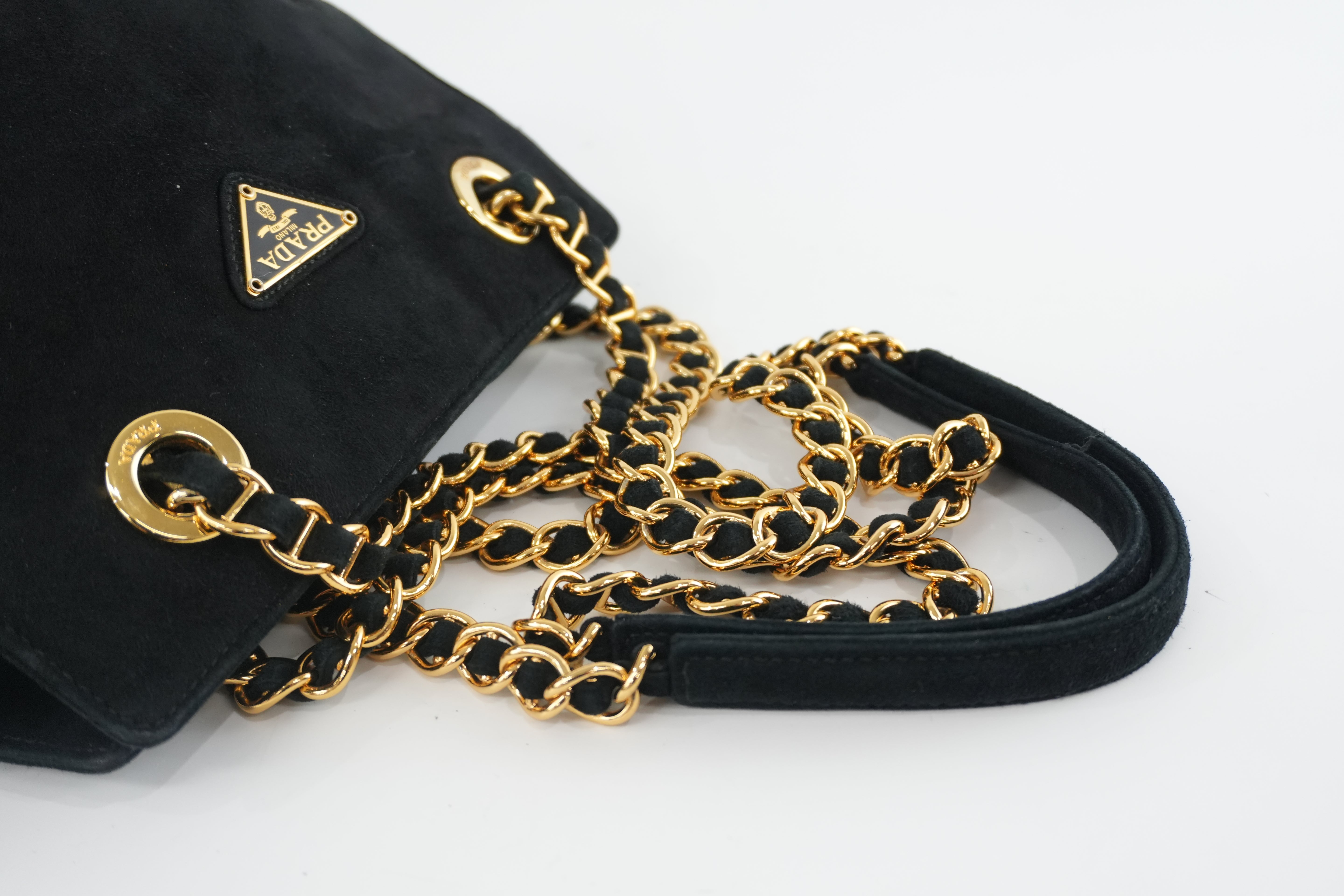 Prada Suede Leather Chain Shoulder Bag Black Used