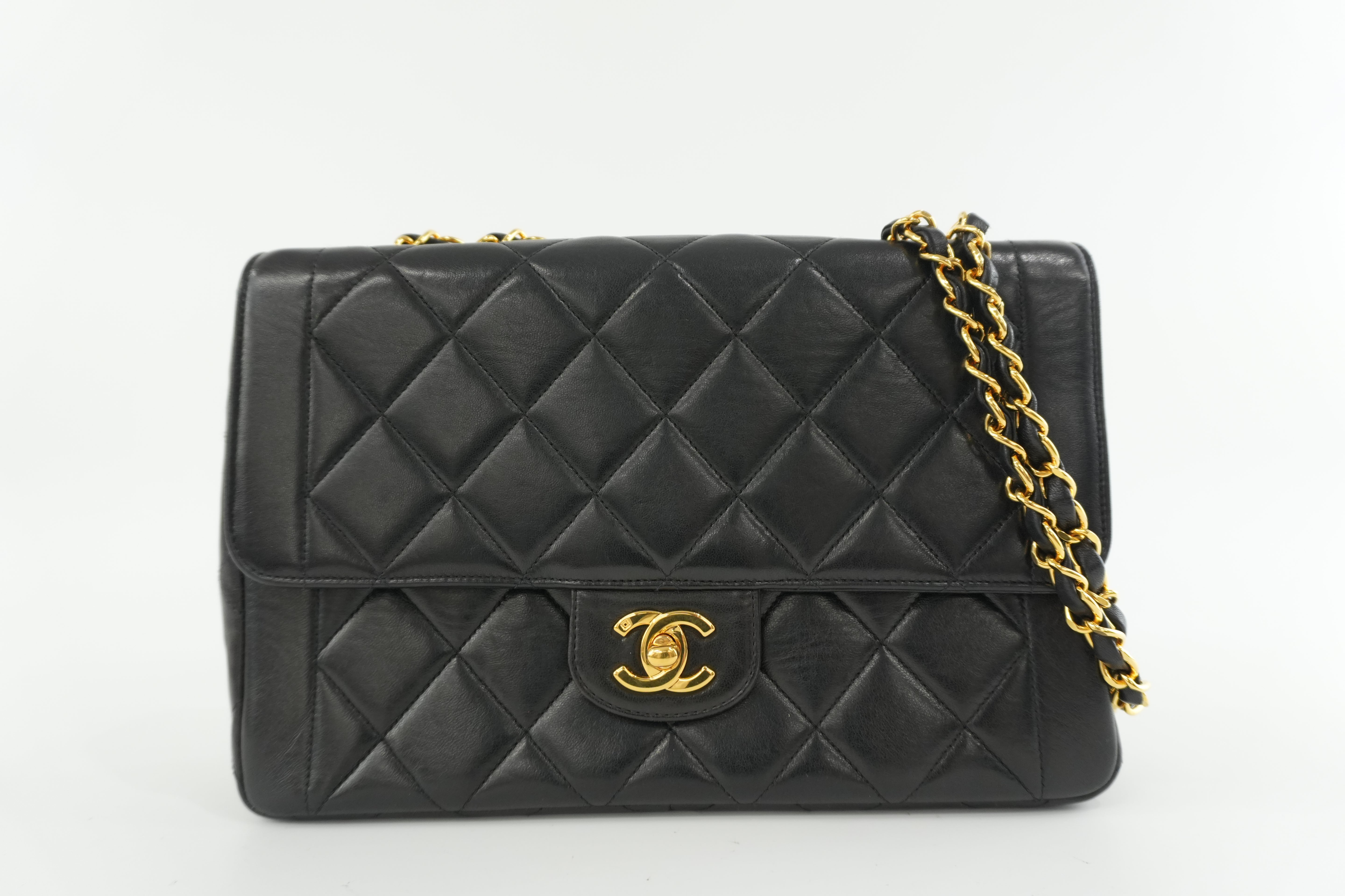 Chanel Lambskin Leather Single Flap Chain Shoulder Bag Black Used