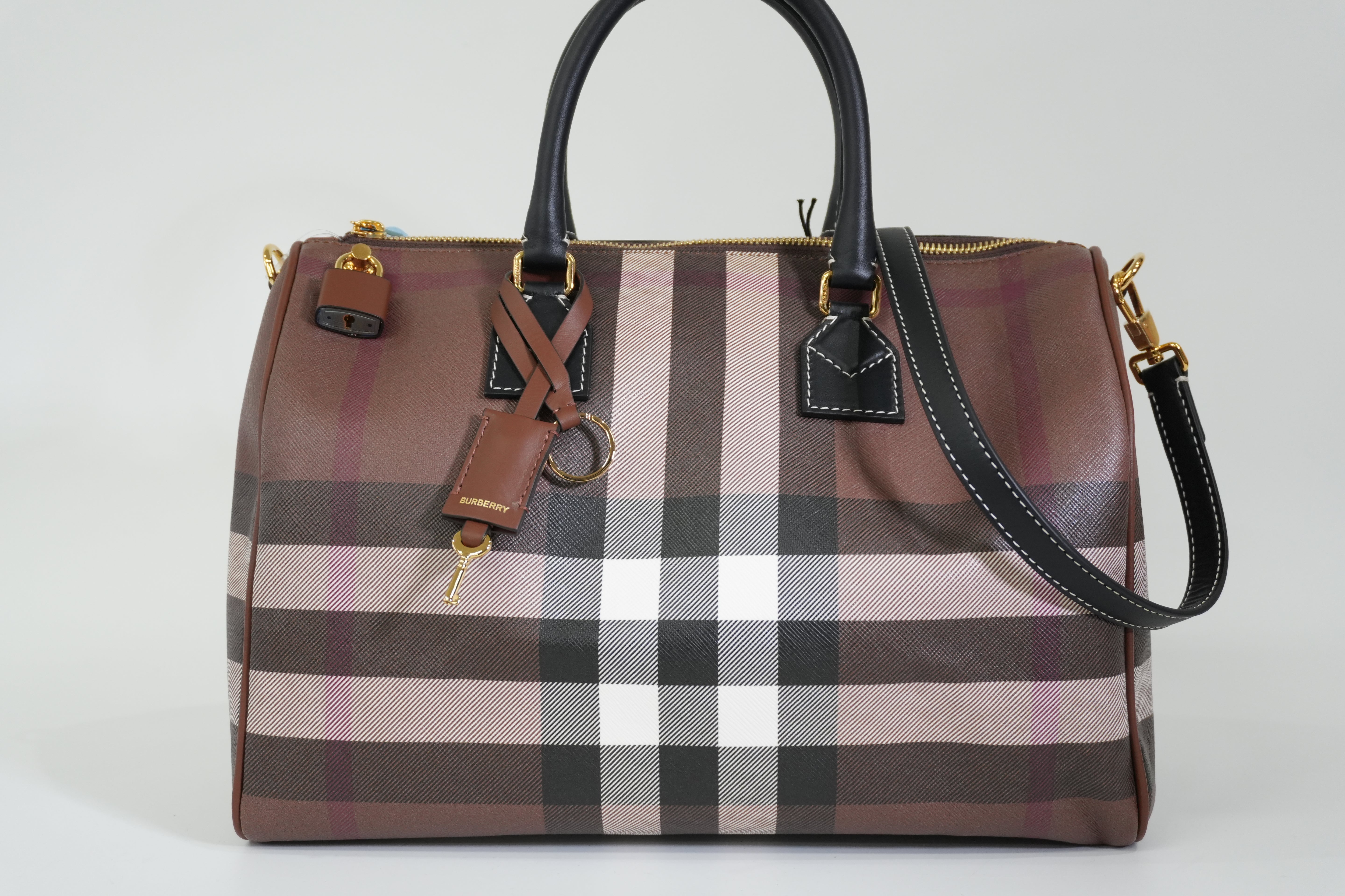Pre-owned Burberry Two Way Medium Check Bowling Shoulder Bag Brown