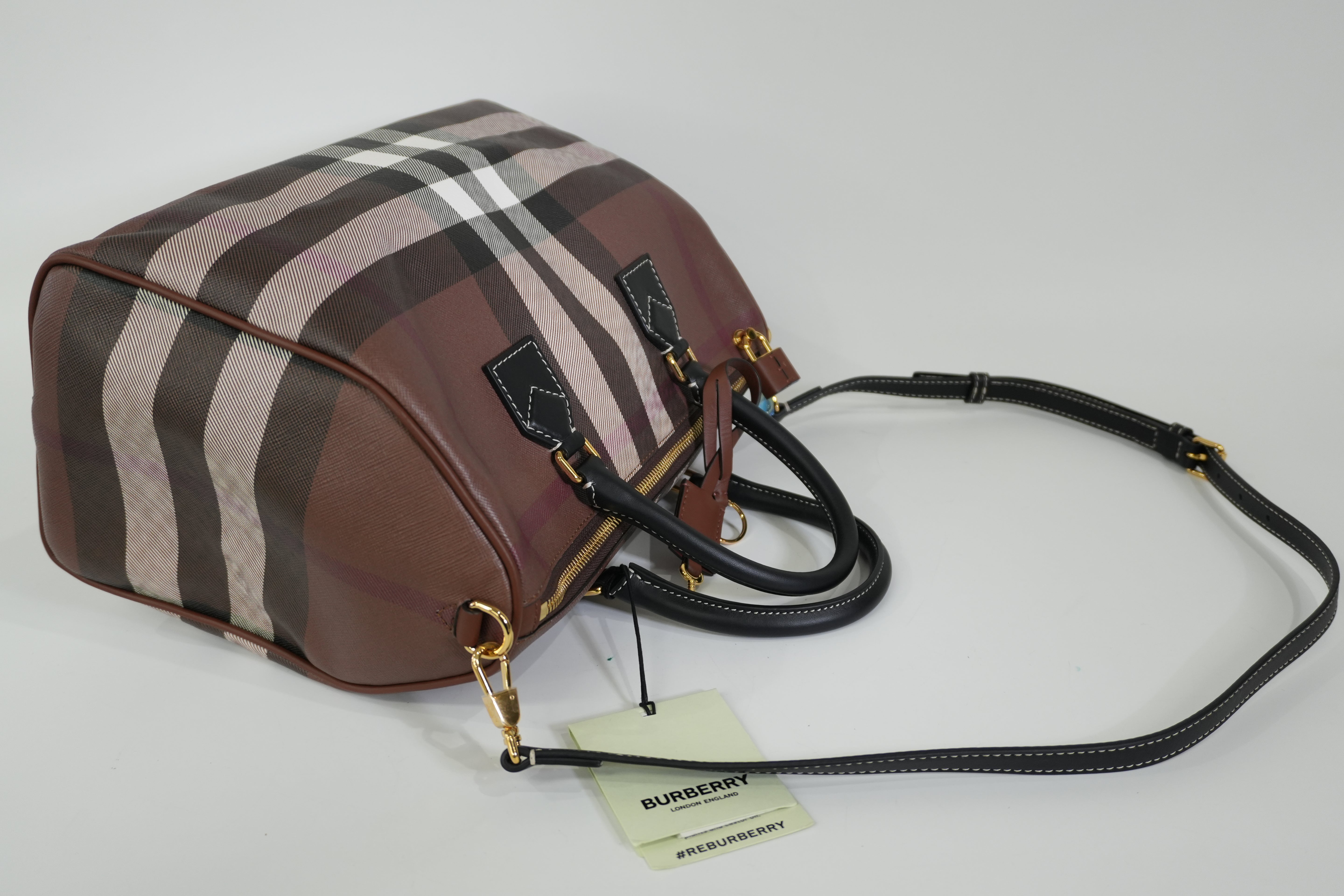 Pre-owned Burberry Two Way Medium Check Bowling Shoulder Bag Brown