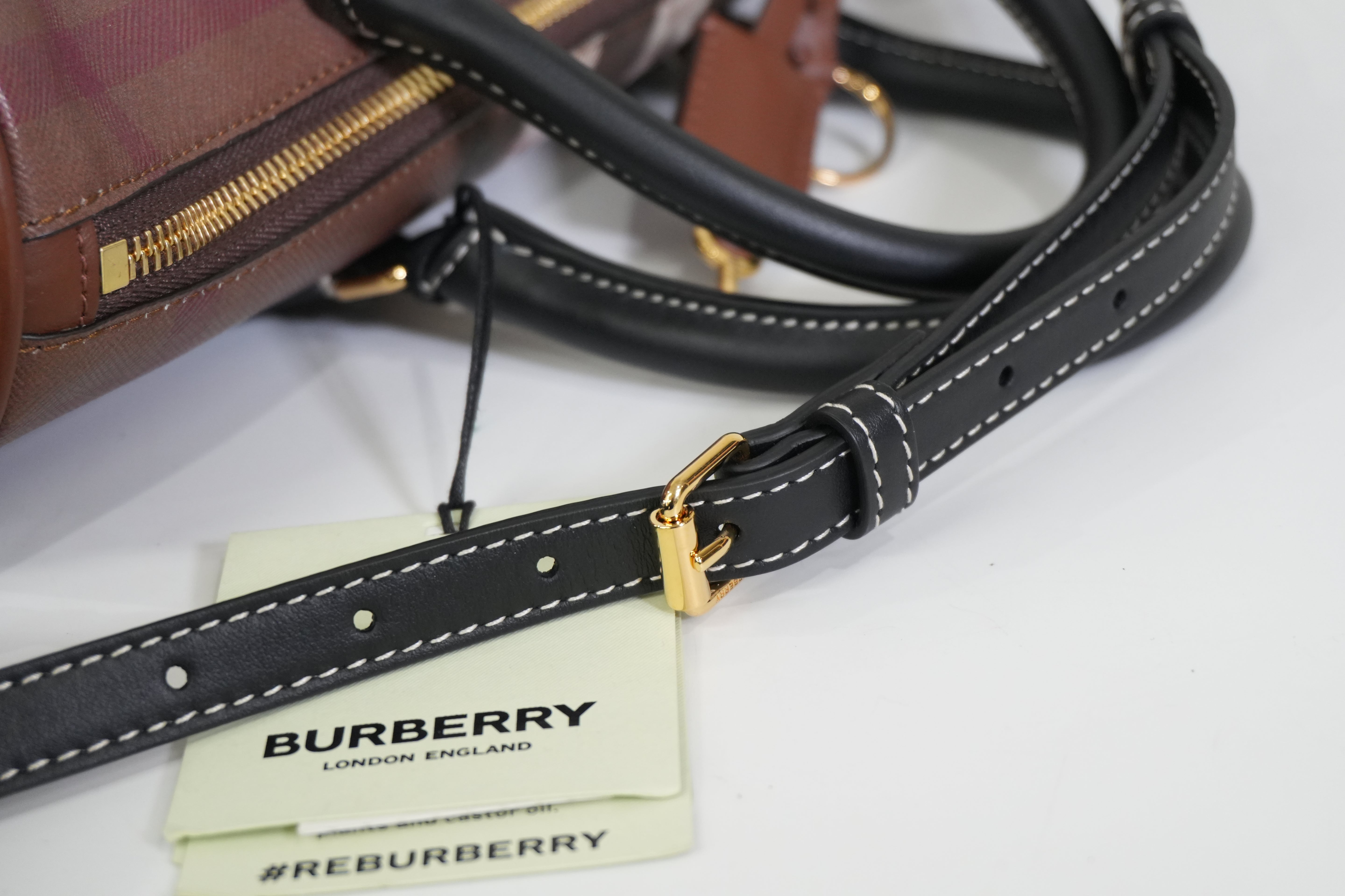 Pre-owned Burberry Two Way Medium Check Bowling Shoulder Bag Brown