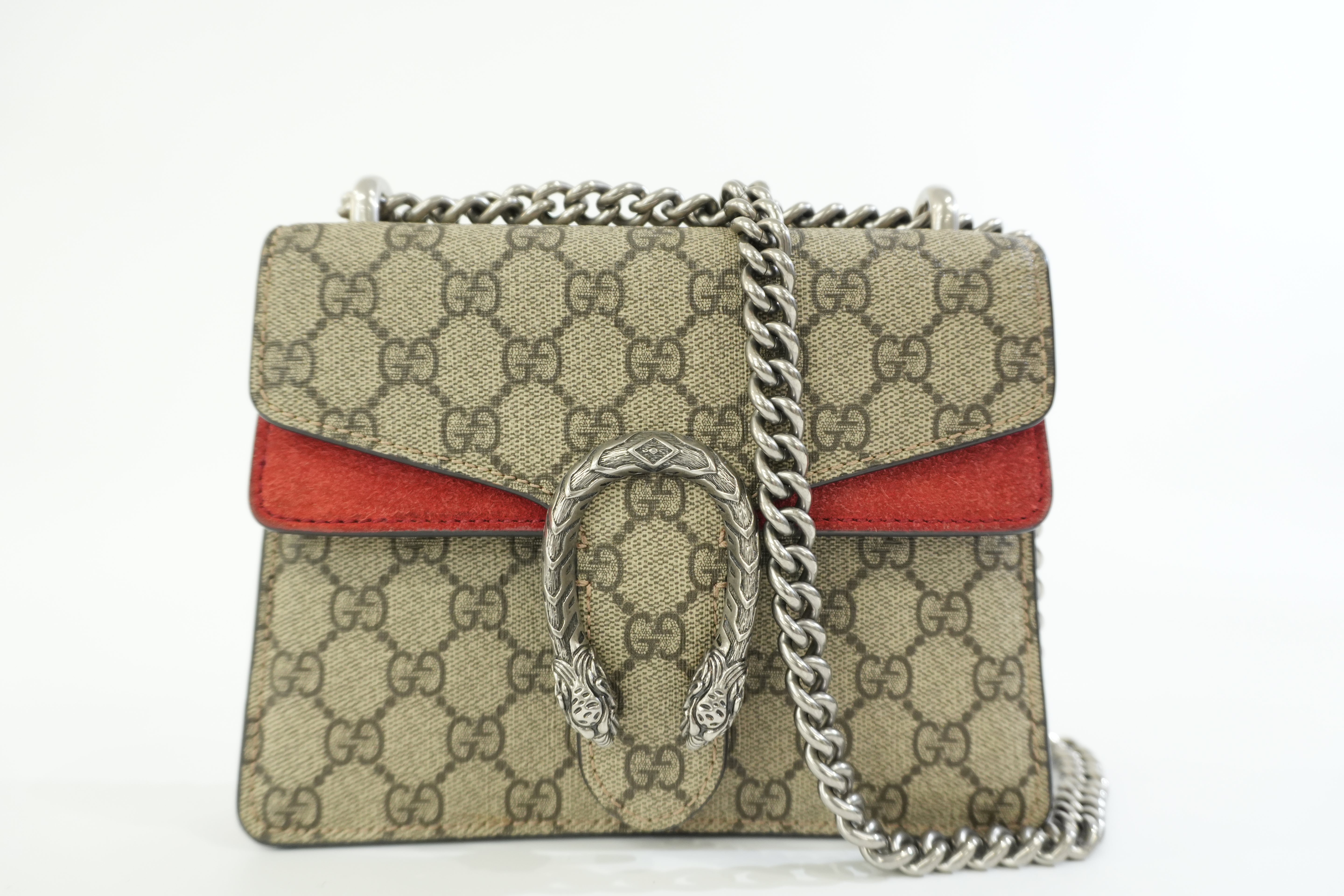 Pre-owned Gucci PVC Canvas Dionysus Double Flap Chain Shoulder Bag Brown and Red