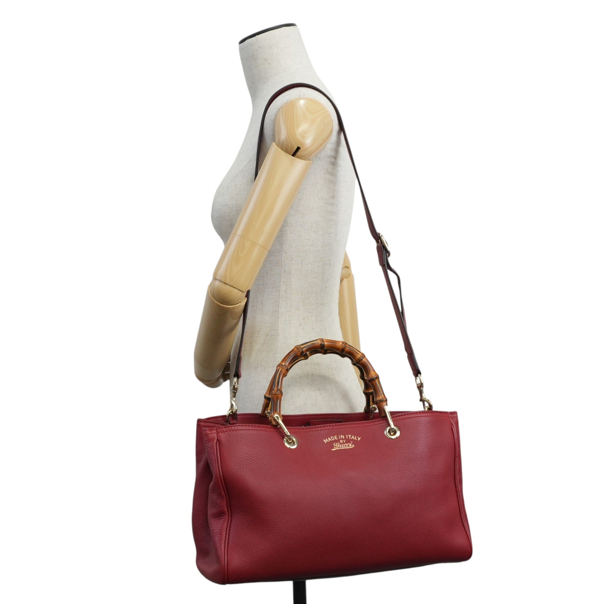 Gucci Bamboo Two Way Shoulder Bag Red Leather Used
