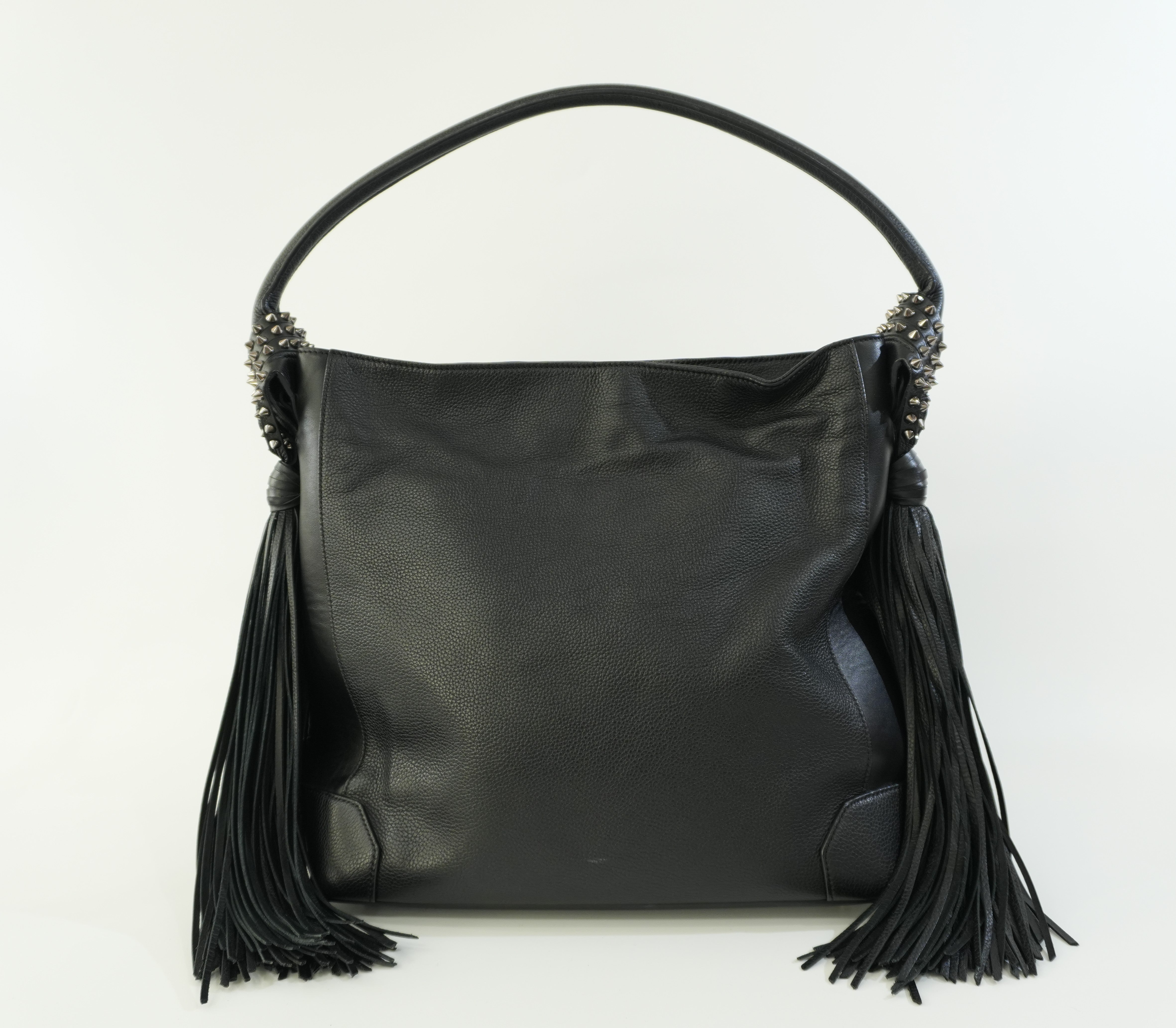 Pre-owned Christian Louboutin Leather Eloise Fringes and Spike Hobo Shoulder Bag Black