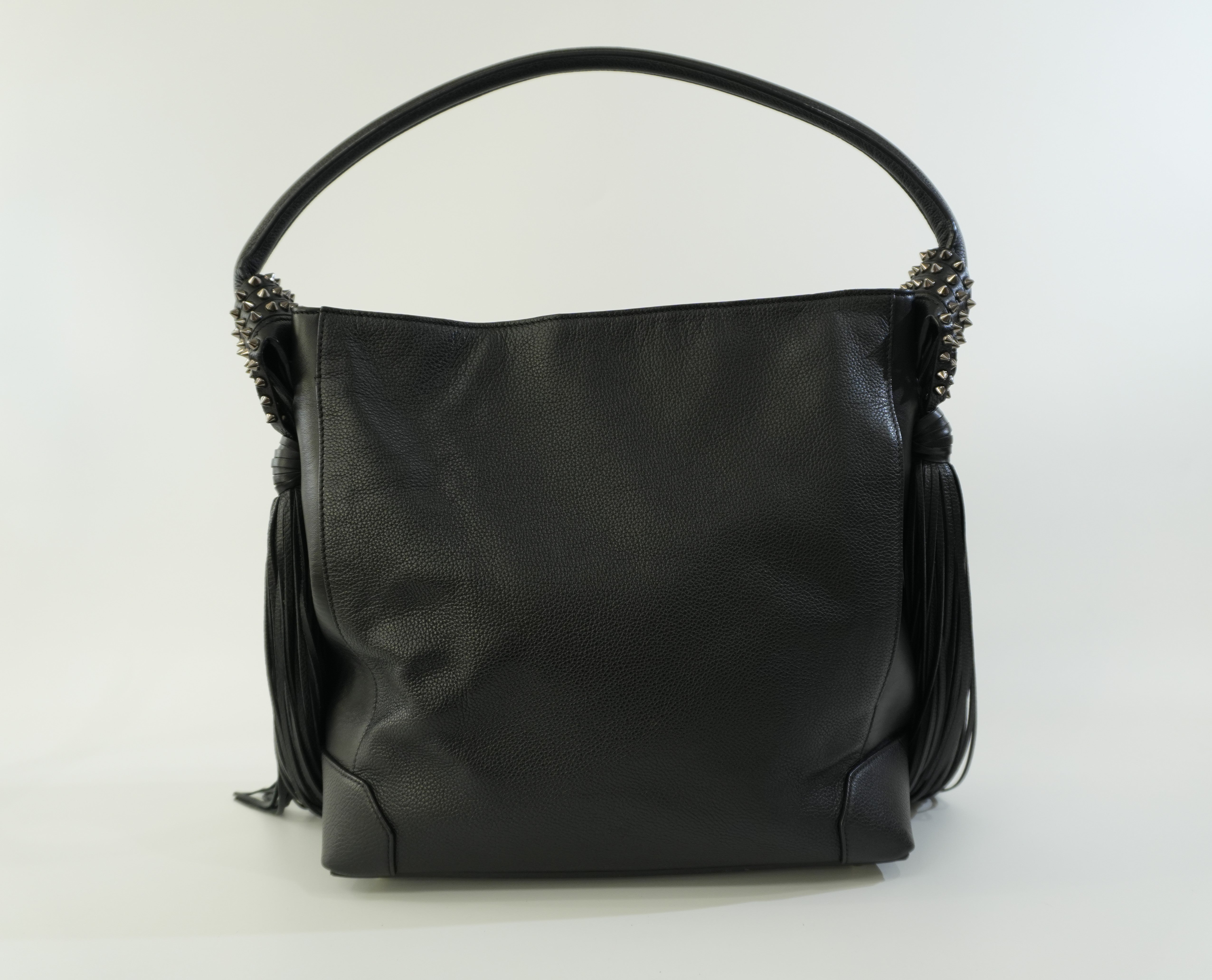 Pre-owned Christian Louboutin Leather Eloise Fringes and Spike Hobo Shoulder Bag Black