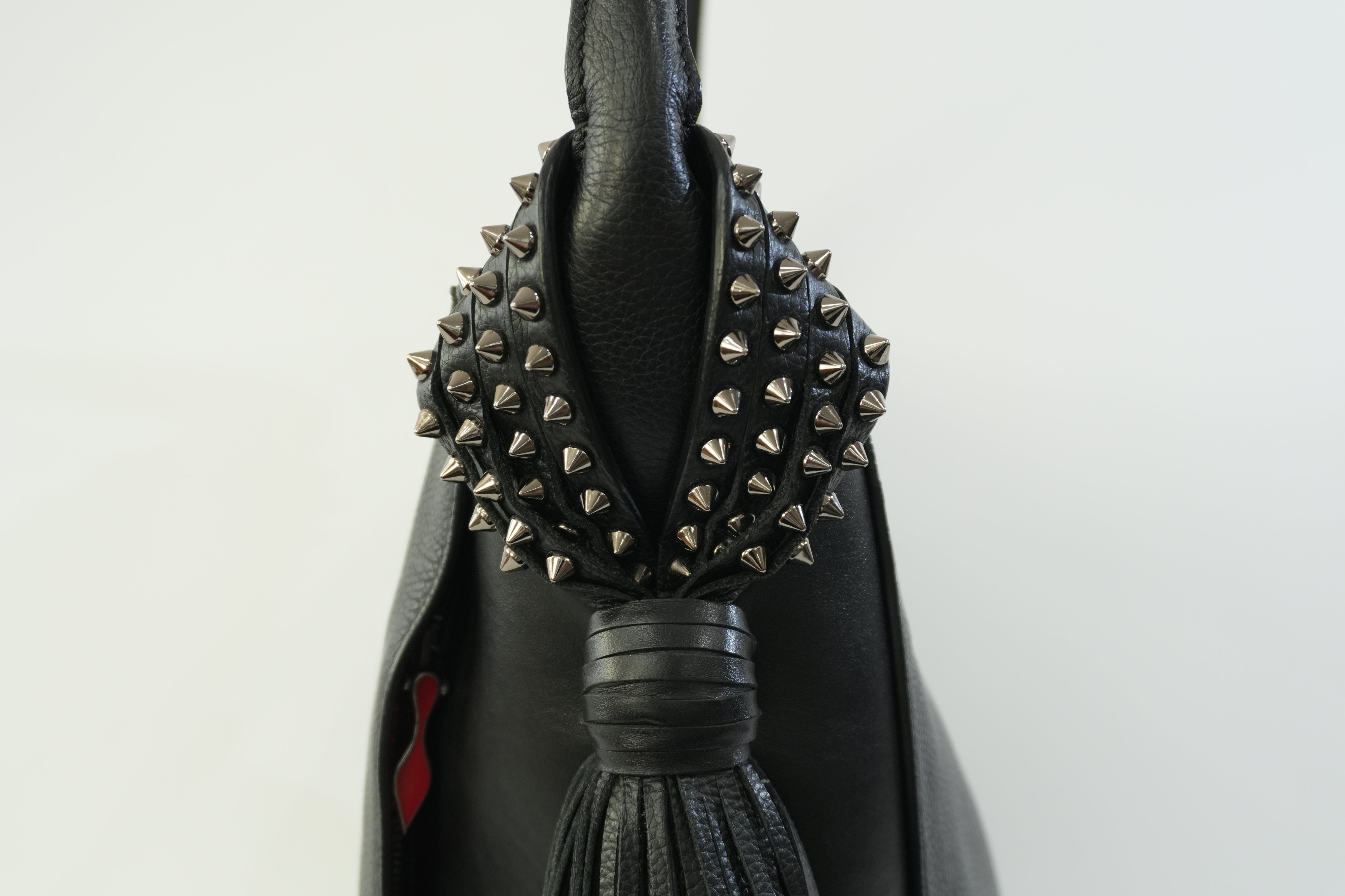 Pre-owned Christian Louboutin Leather Eloise Fringes and Spike Hobo Shoulder Bag Black