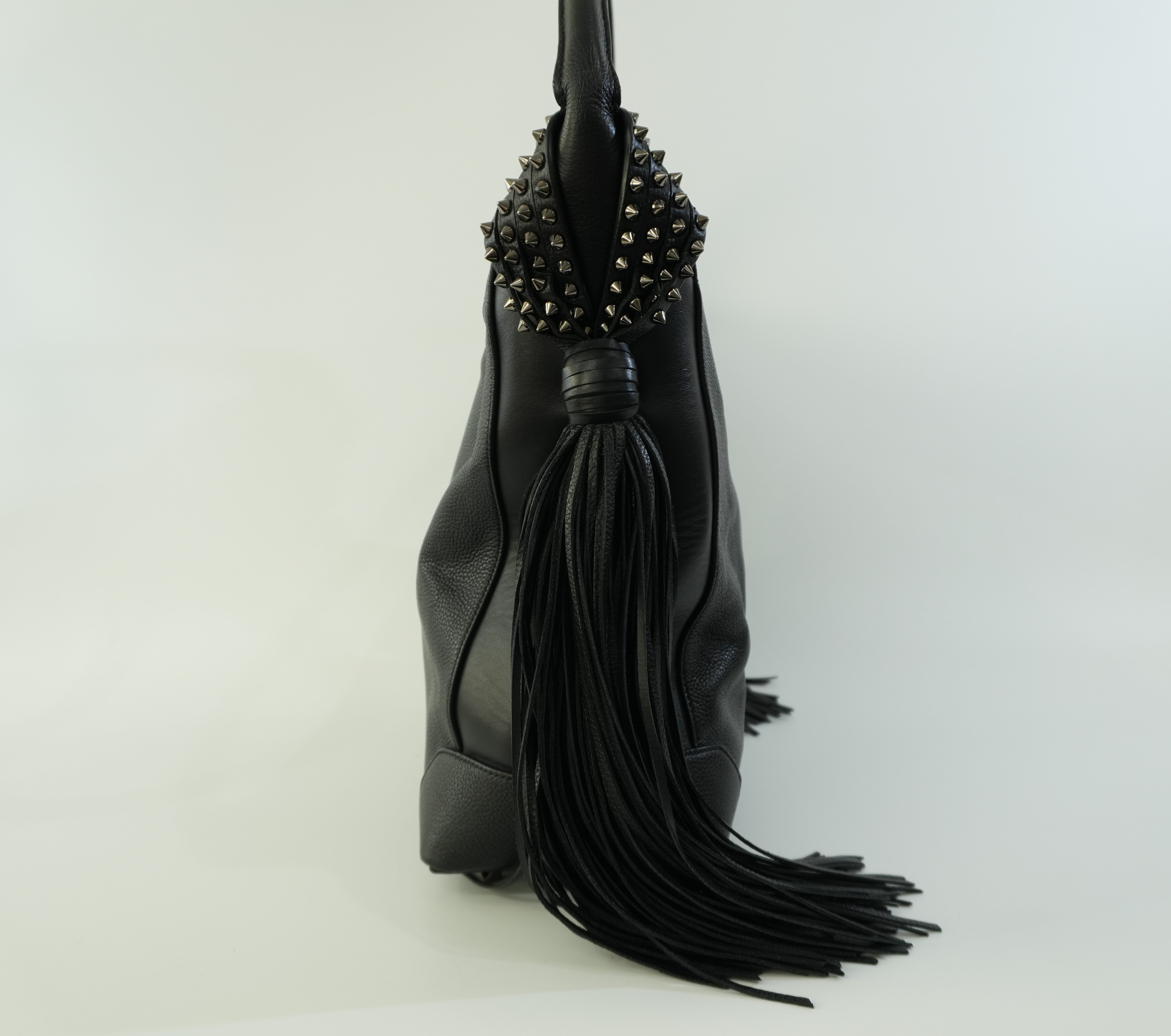 Pre-owned Christian Louboutin Leather Eloise Fringes and Spike Hobo Shoulder Bag Black