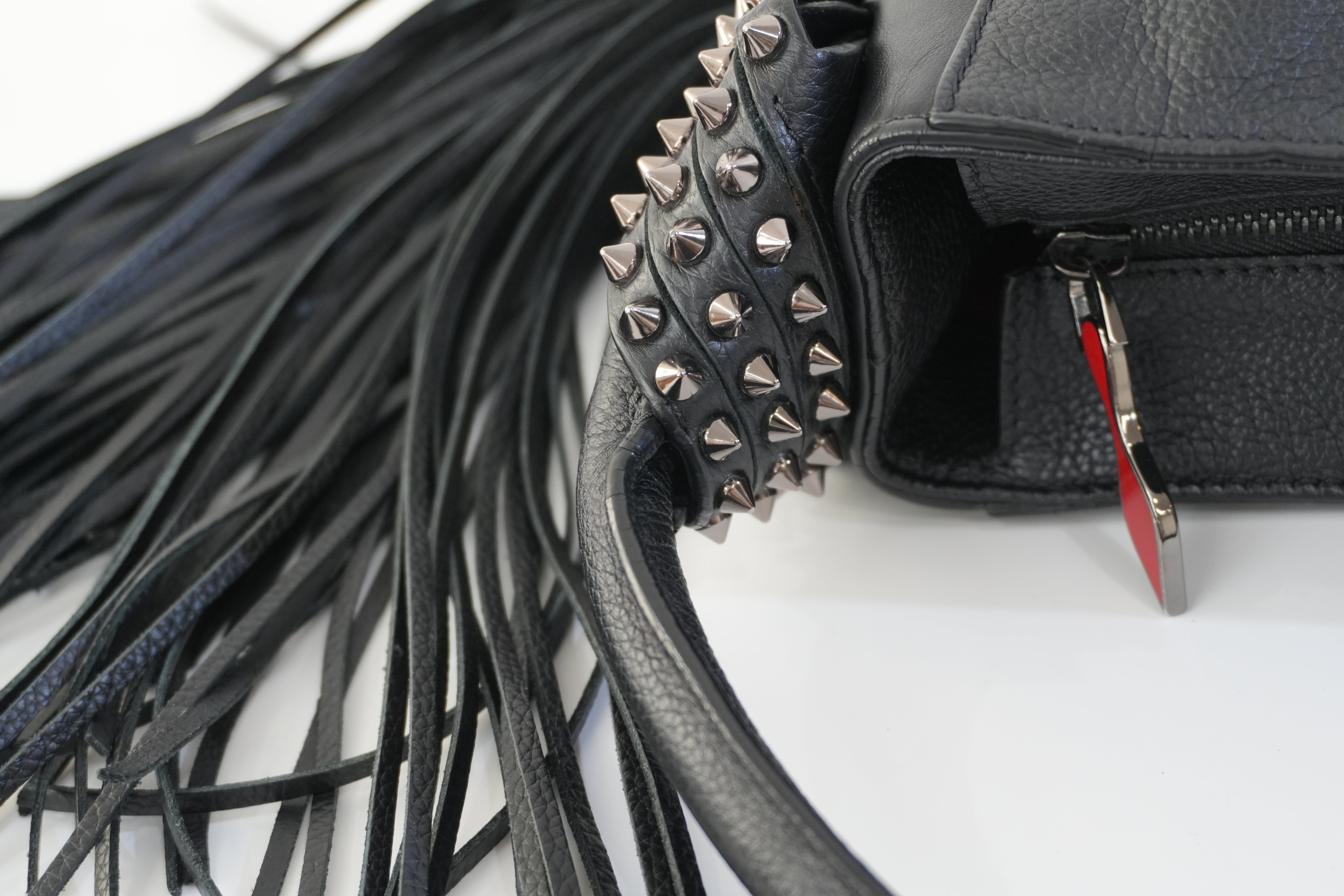 Pre-owned Christian Louboutin Leather Eloise Fringes and Spike Hobo Shoulder Bag Black