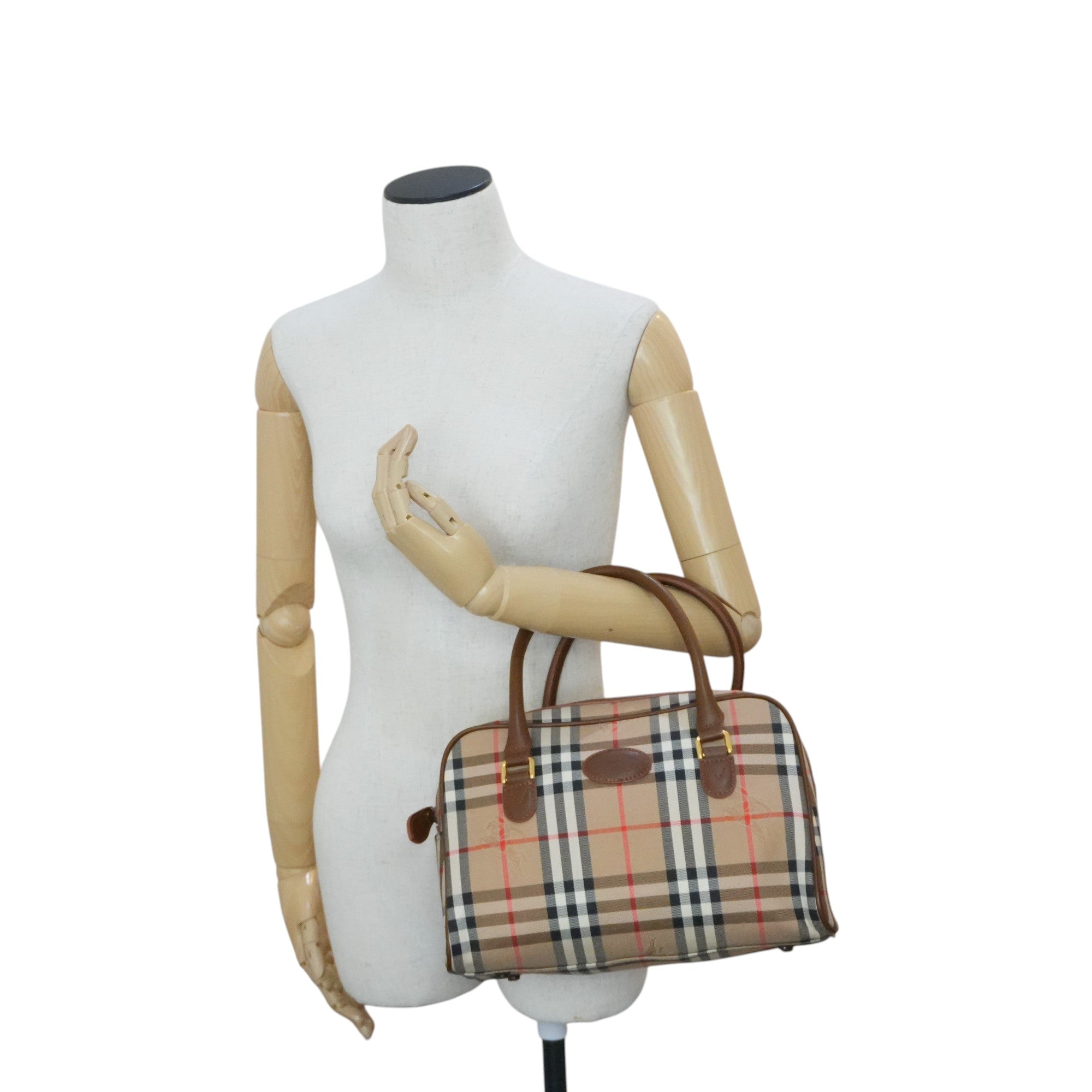 Pre-owned Burberry Haymarket Check Boston Bag Brown
