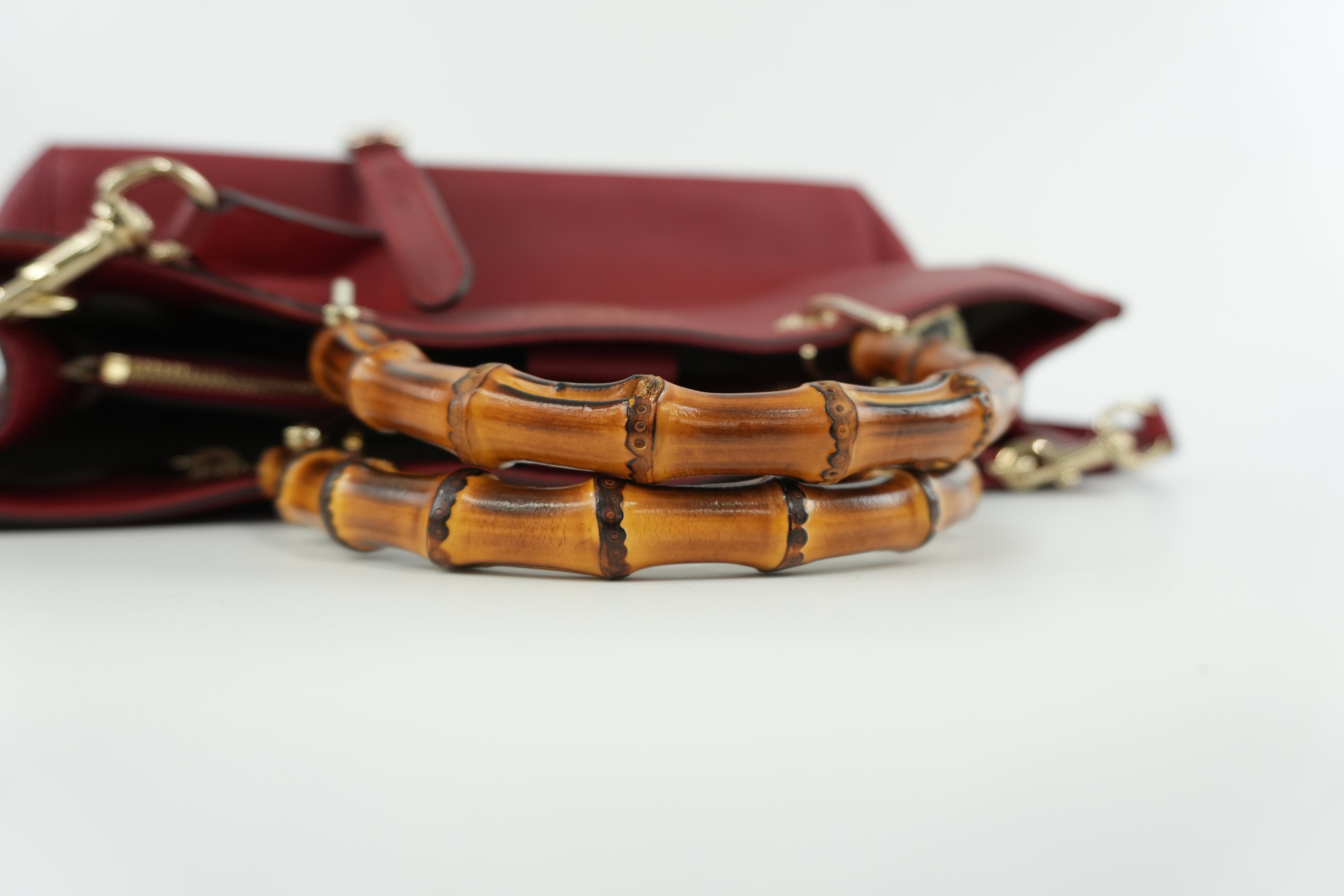 Gucci Bamboo Two Way Shoulder Bag Red Leather Used