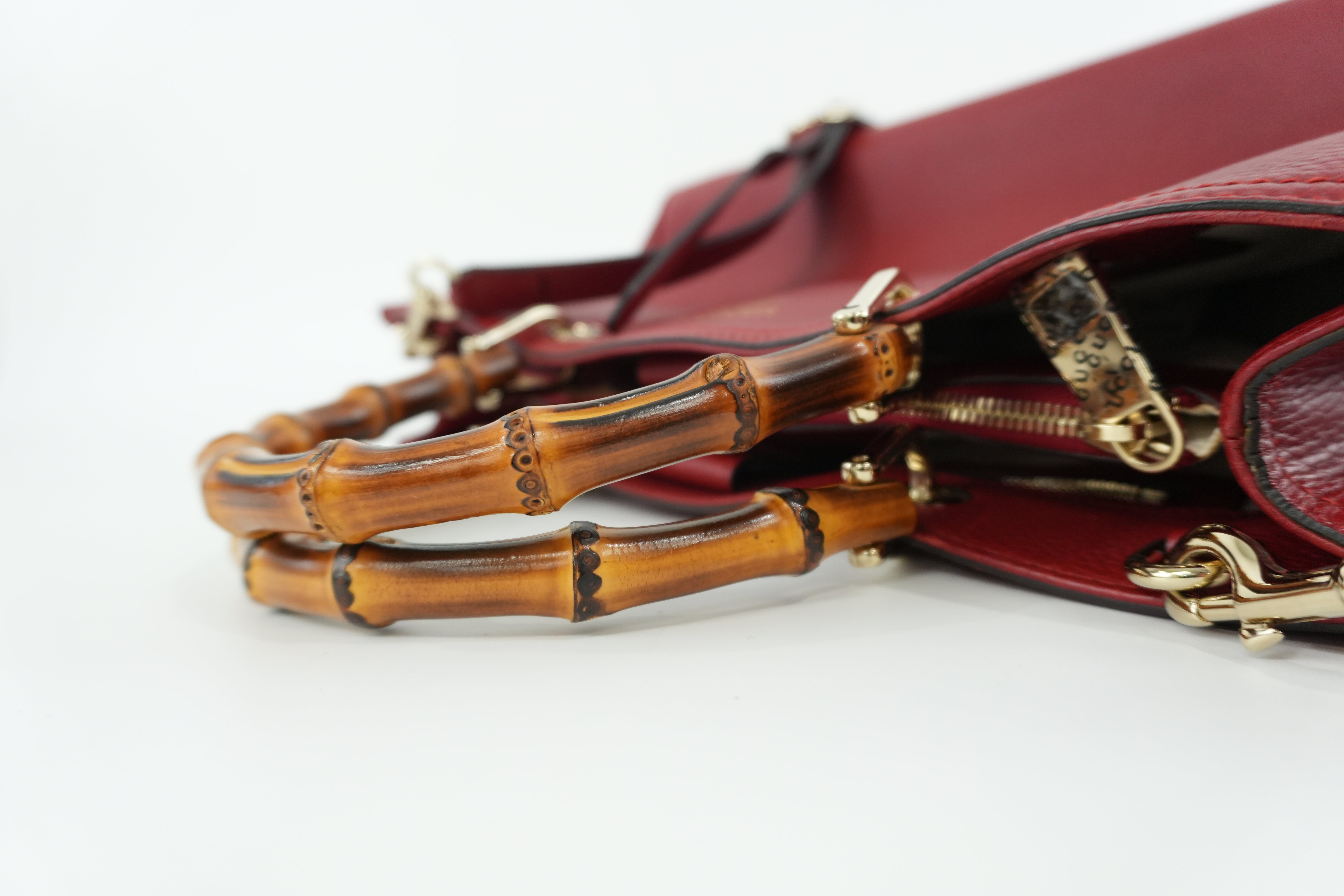 Gucci Bamboo Two Way Shoulder Bag Red Leather Used