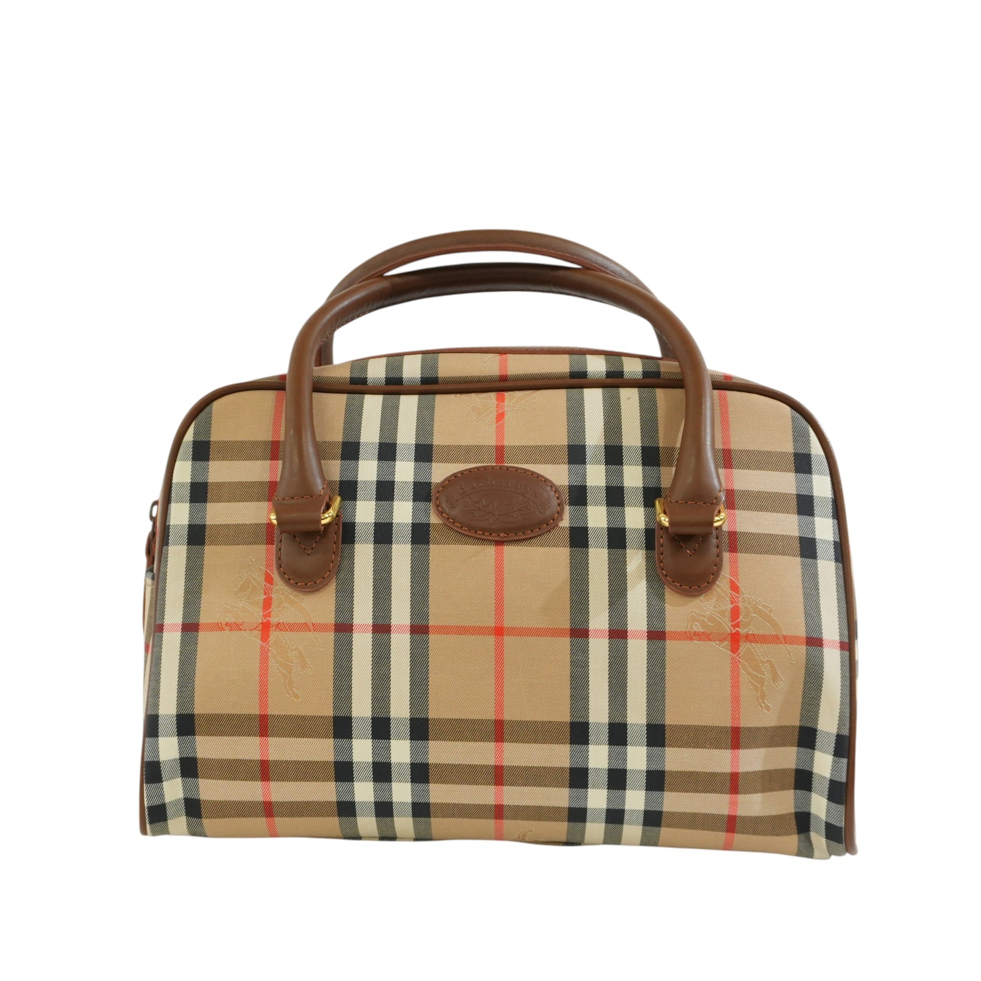 Pre-owned Burberry Haymarket Check Boston Bag Brown