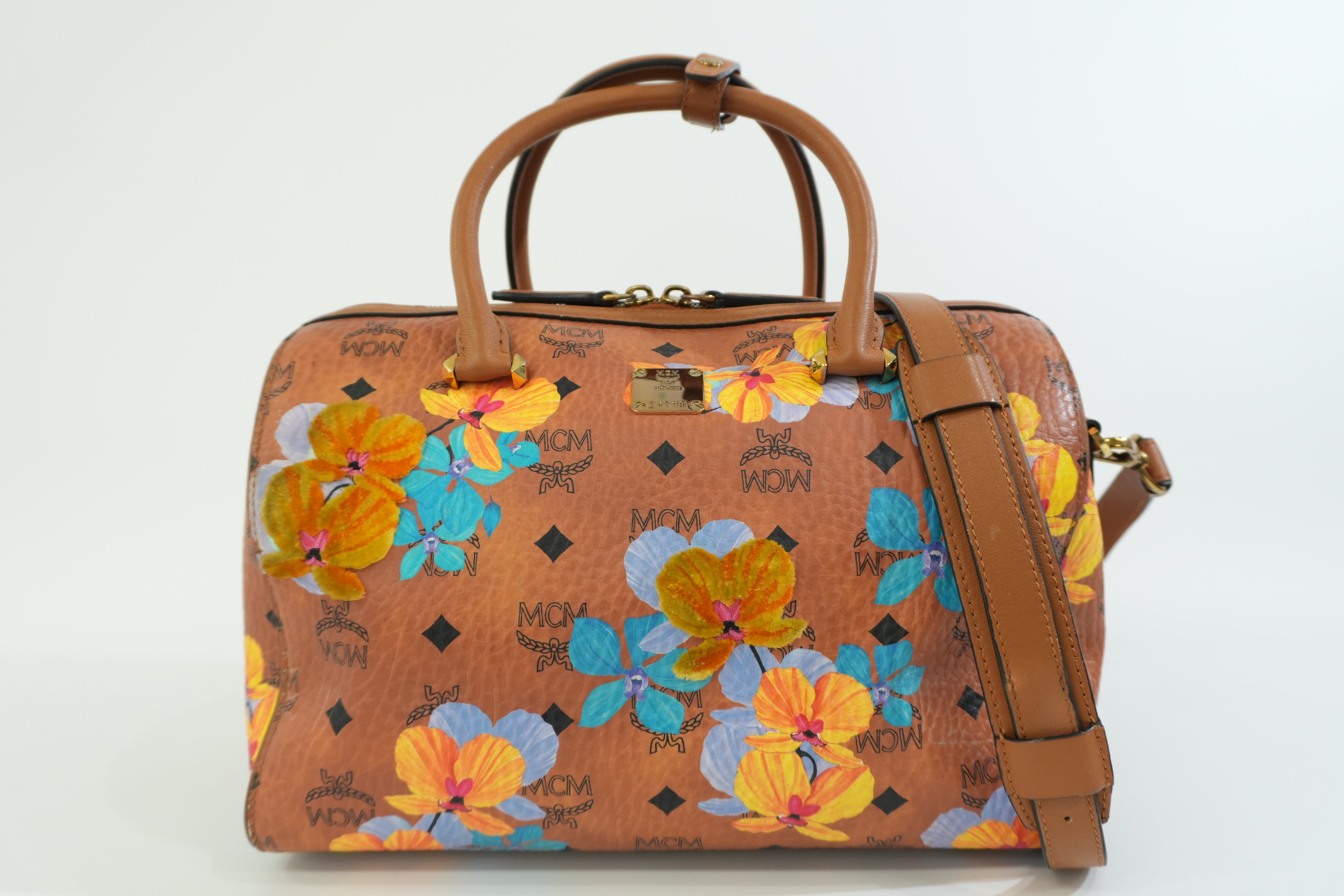 Pre-owned MCM Orchid Floral Two Way Visetos Mini Boston Cognac