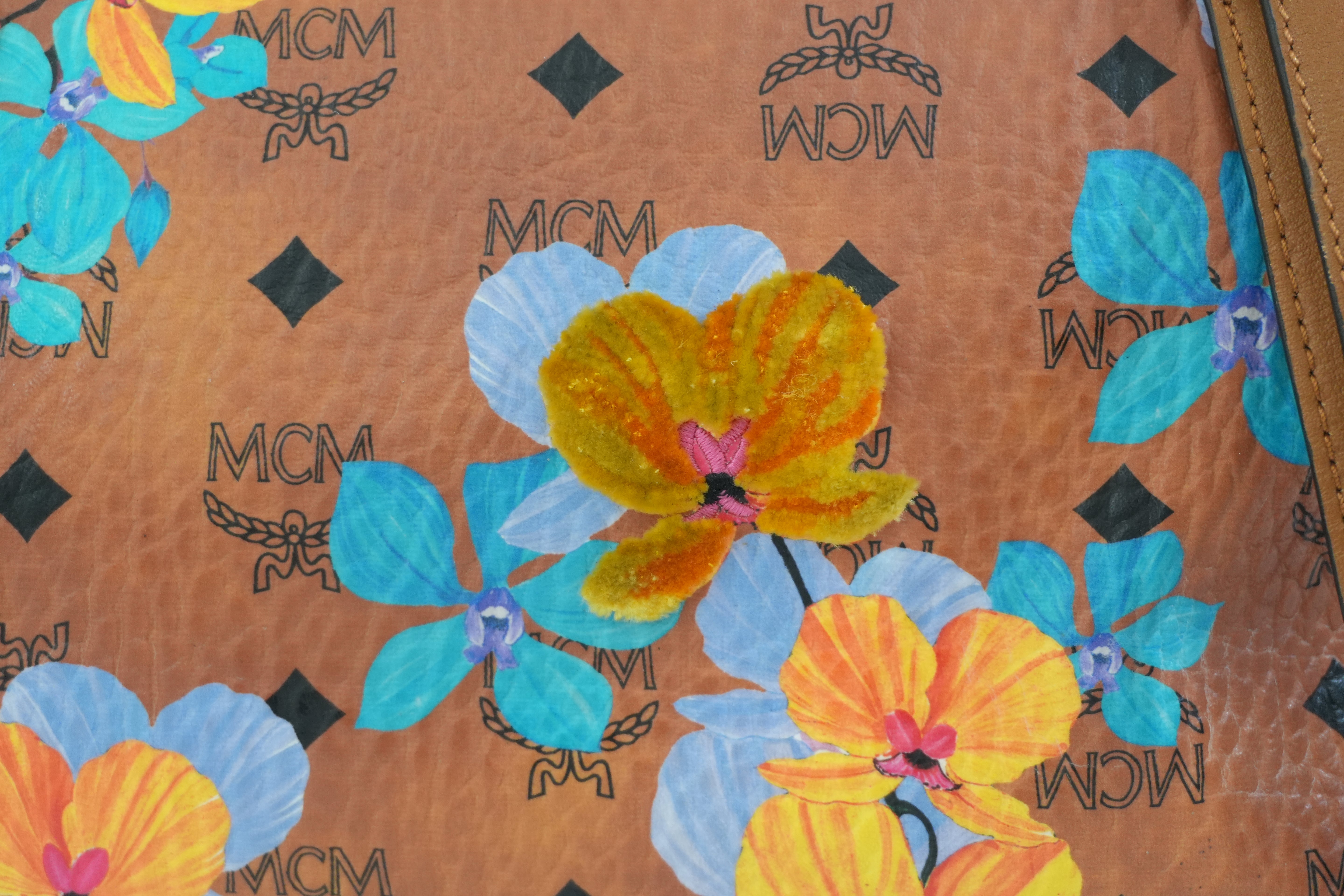 Pre-owned MCM Orchid Floral Two Way Visetos Mini Boston Cognac