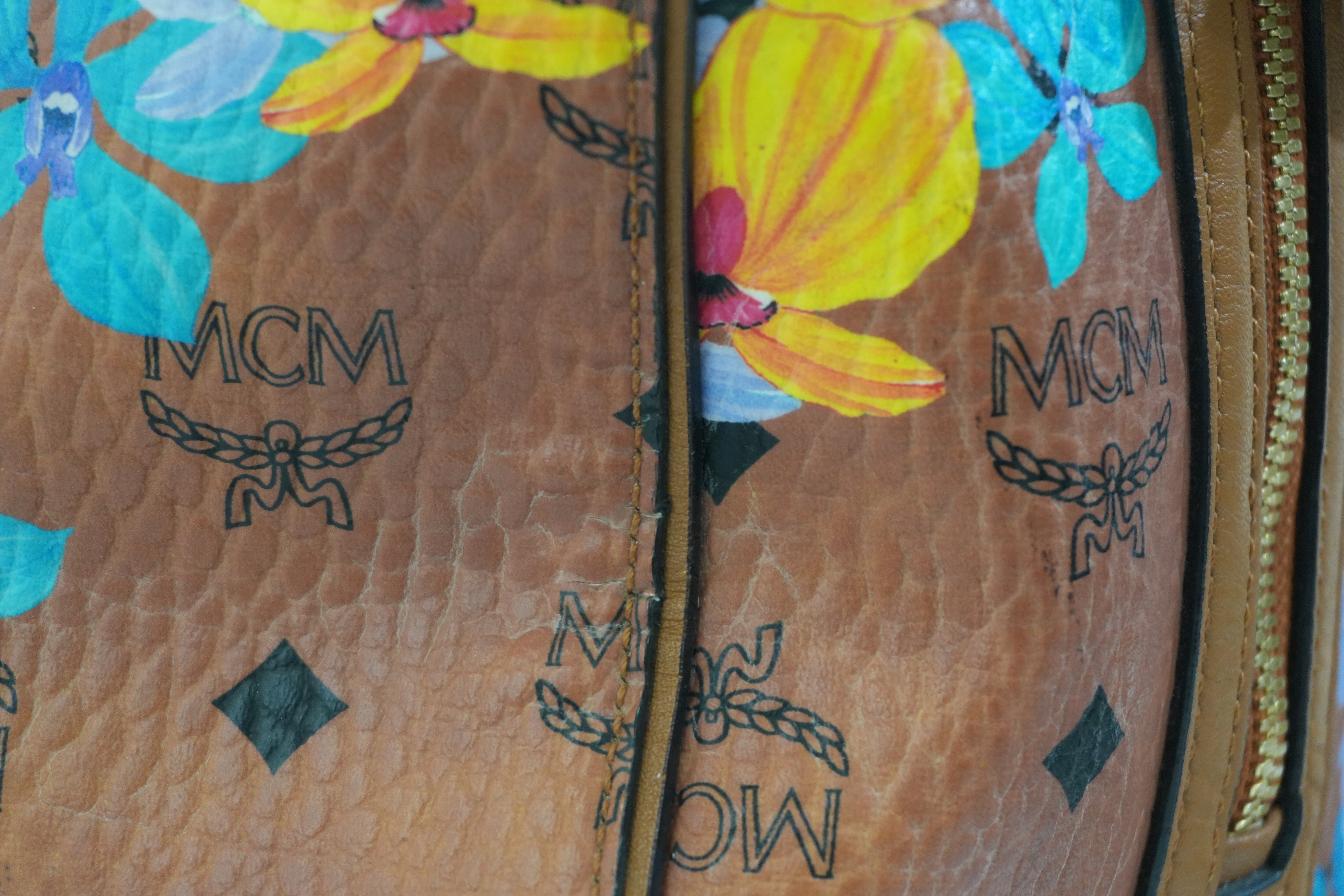 Pre-owned MCM Orchid Floral Two Way Visetos Mini Boston Cognac