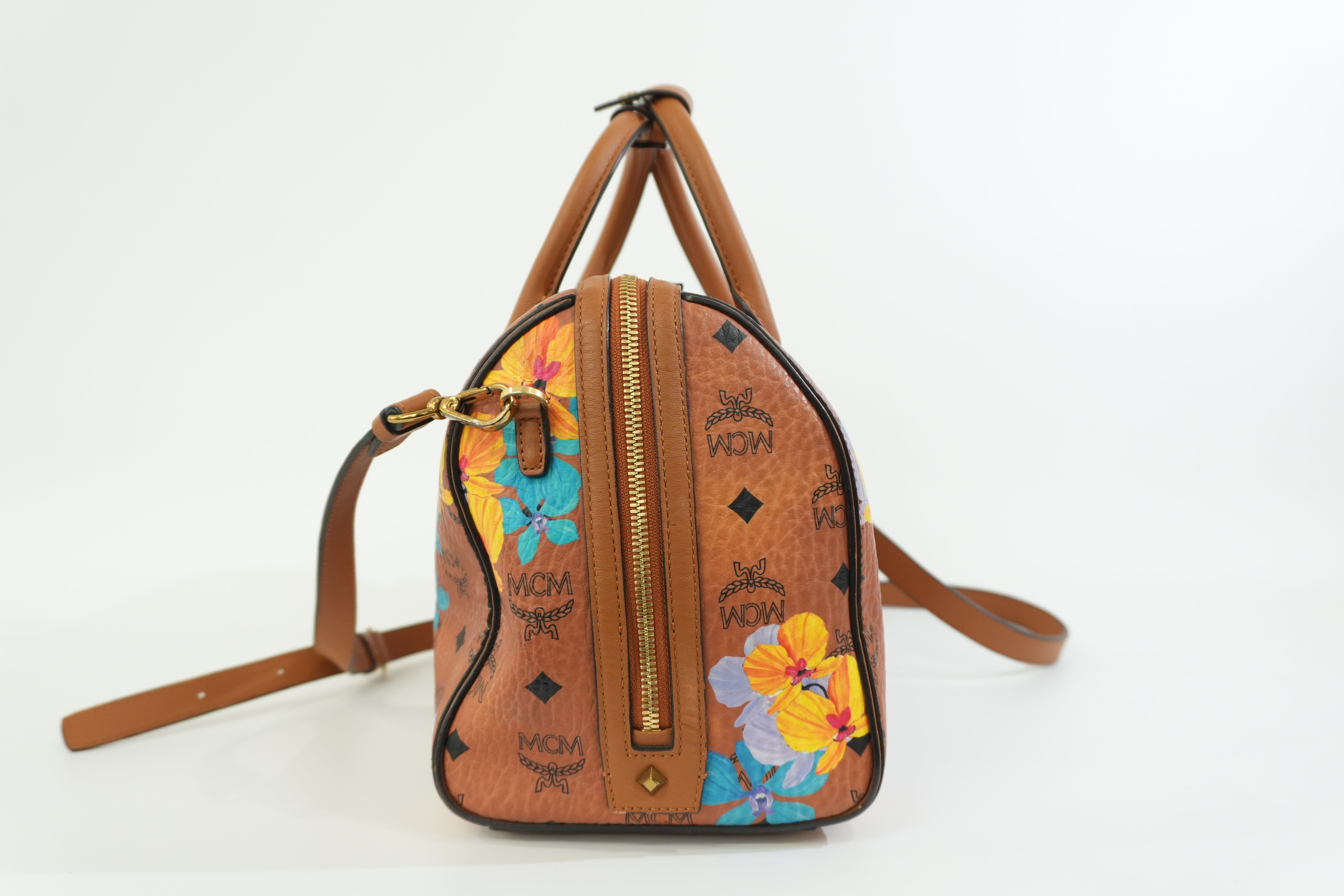 Pre-owned MCM Orchid Floral Two Way Visetos Mini Boston Cognac
