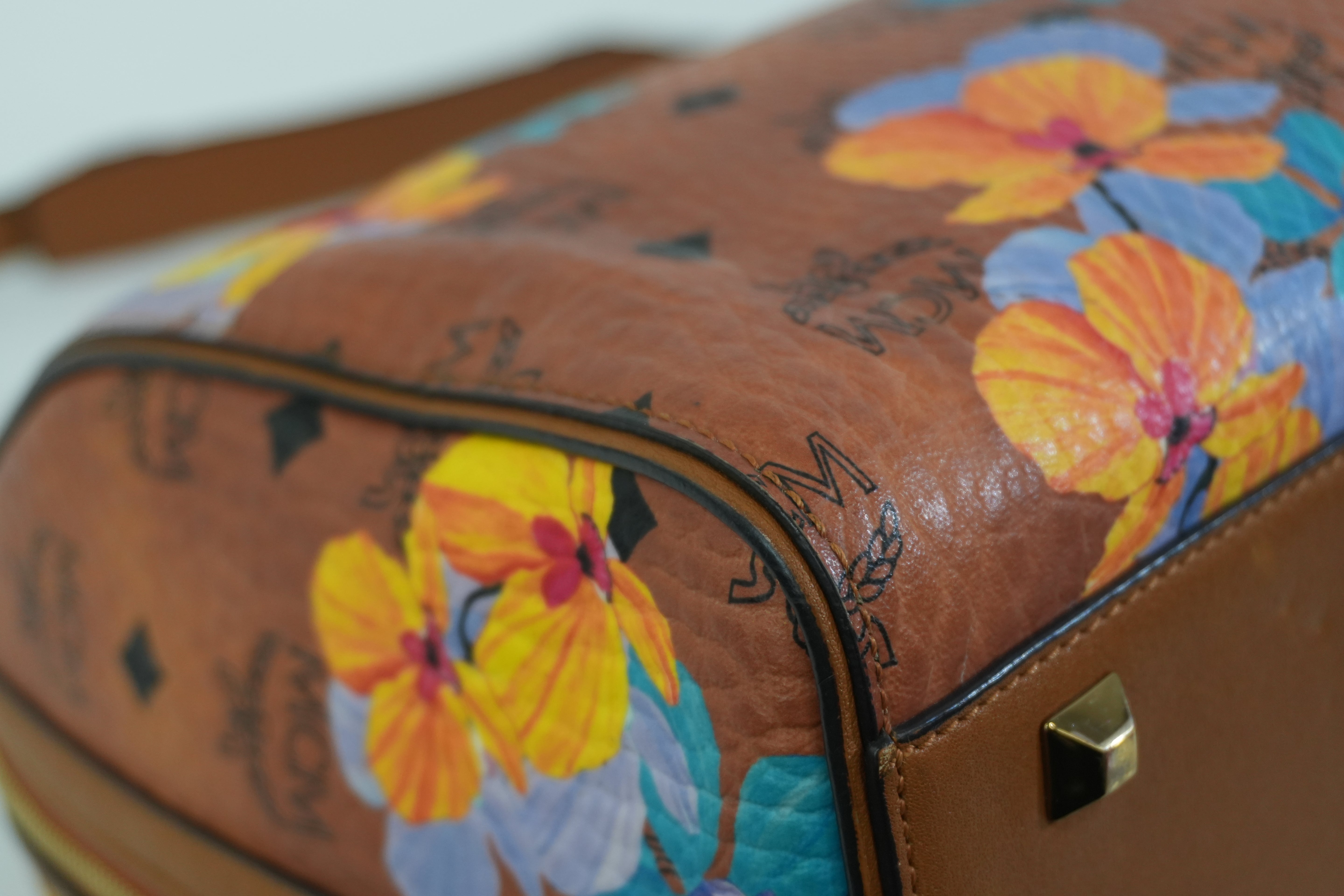 Pre-owned MCM Orchid Floral Two Way Visetos Mini Boston Cognac