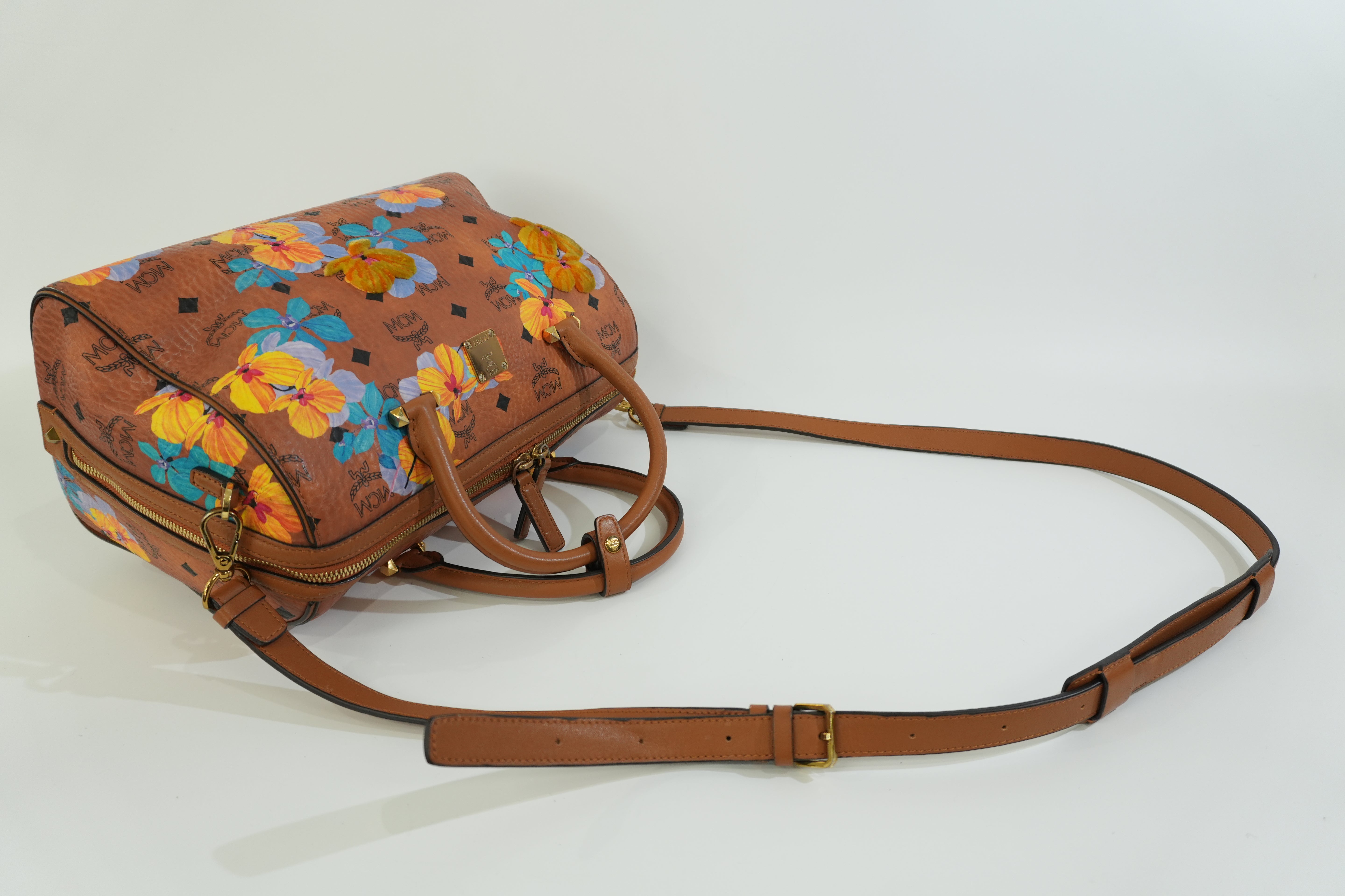 Pre-owned MCM Orchid Floral Two Way Visetos Mini Boston Cognac