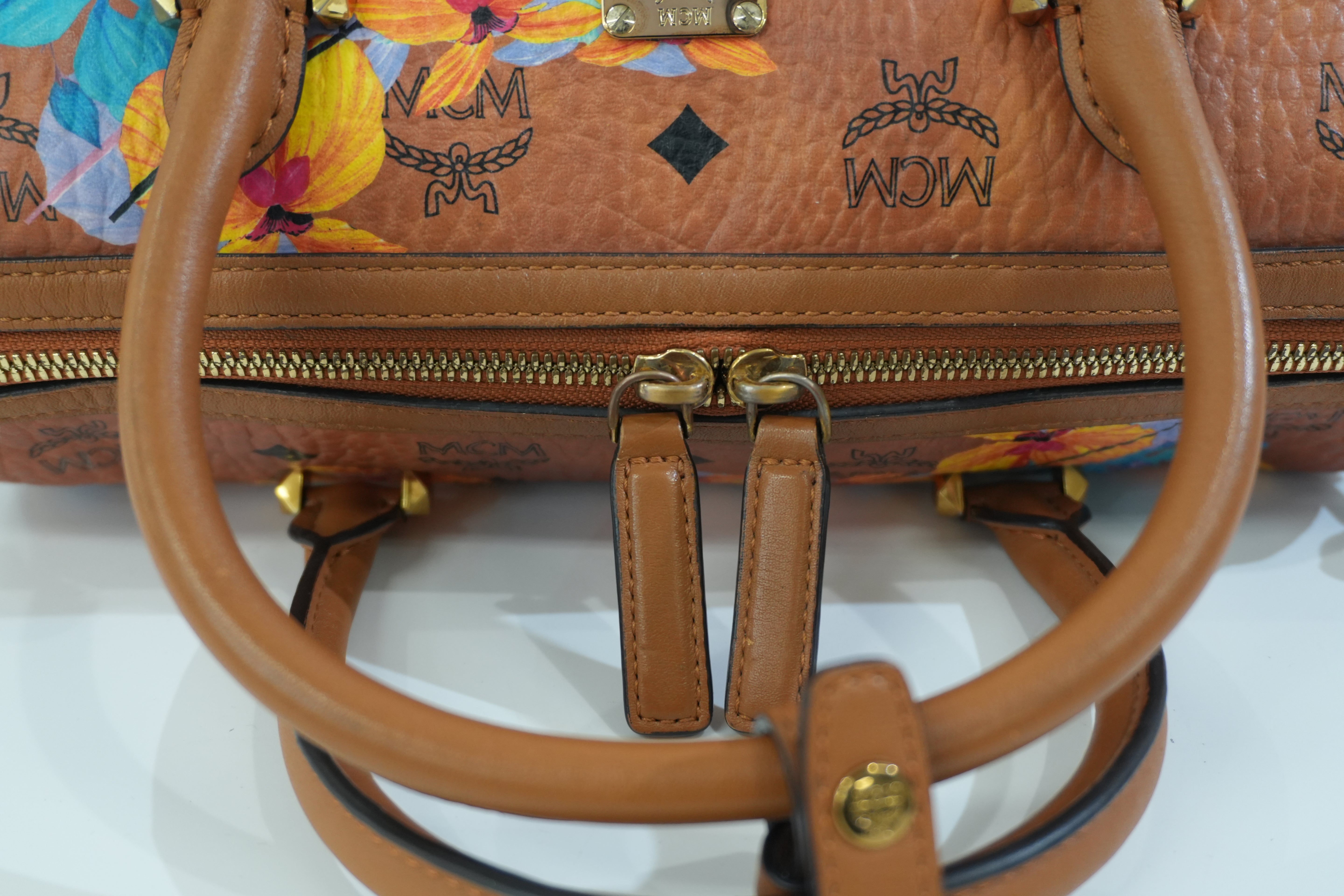 Pre-owned MCM Orchid Floral Two Way Visetos Mini Boston Cognac