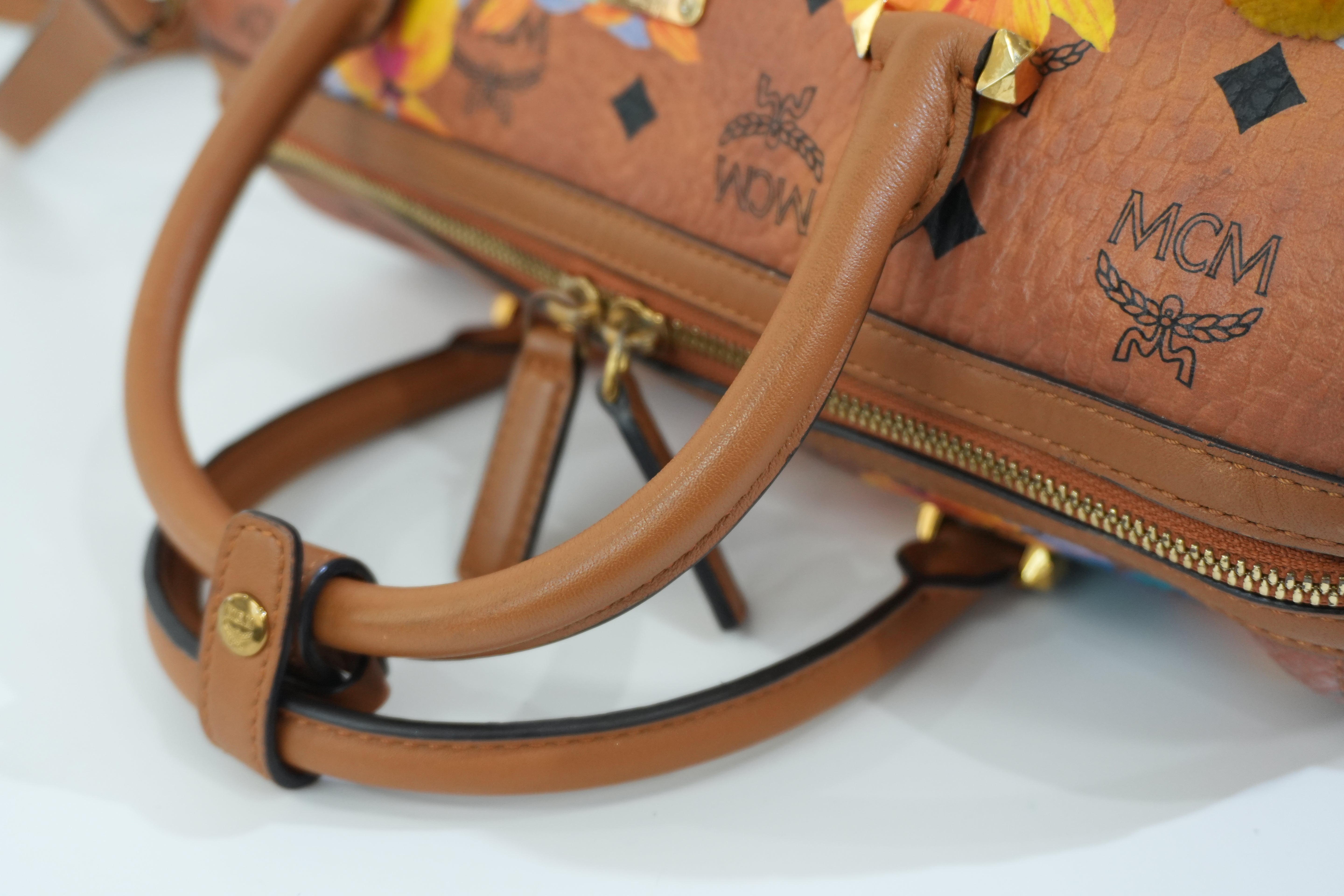 Pre-owned MCM Orchid Floral Two Way Visetos Mini Boston Cognac