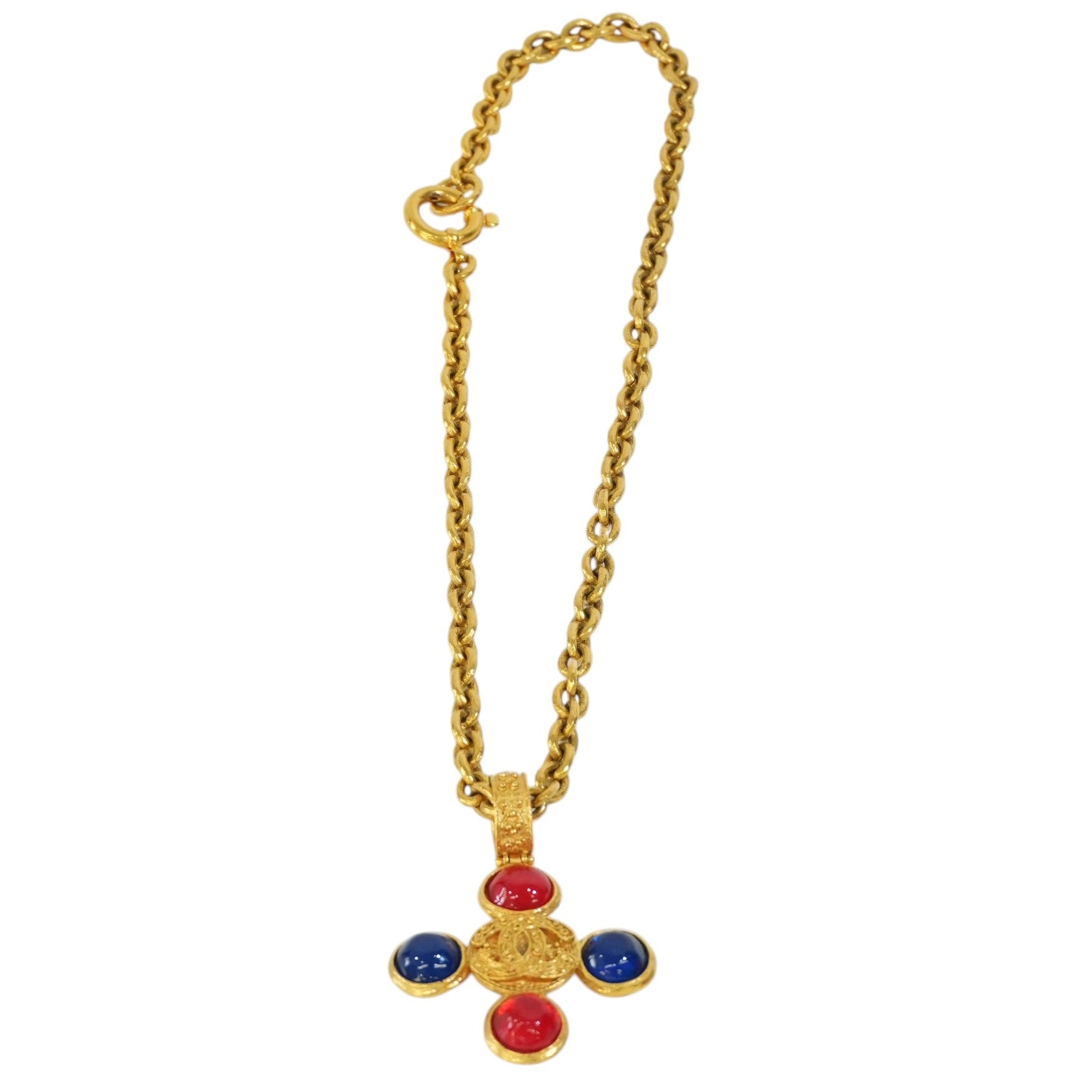 Pre-owned Chanel 24k Gold Plated Vintage Gripoix Cross Necklace 65cm