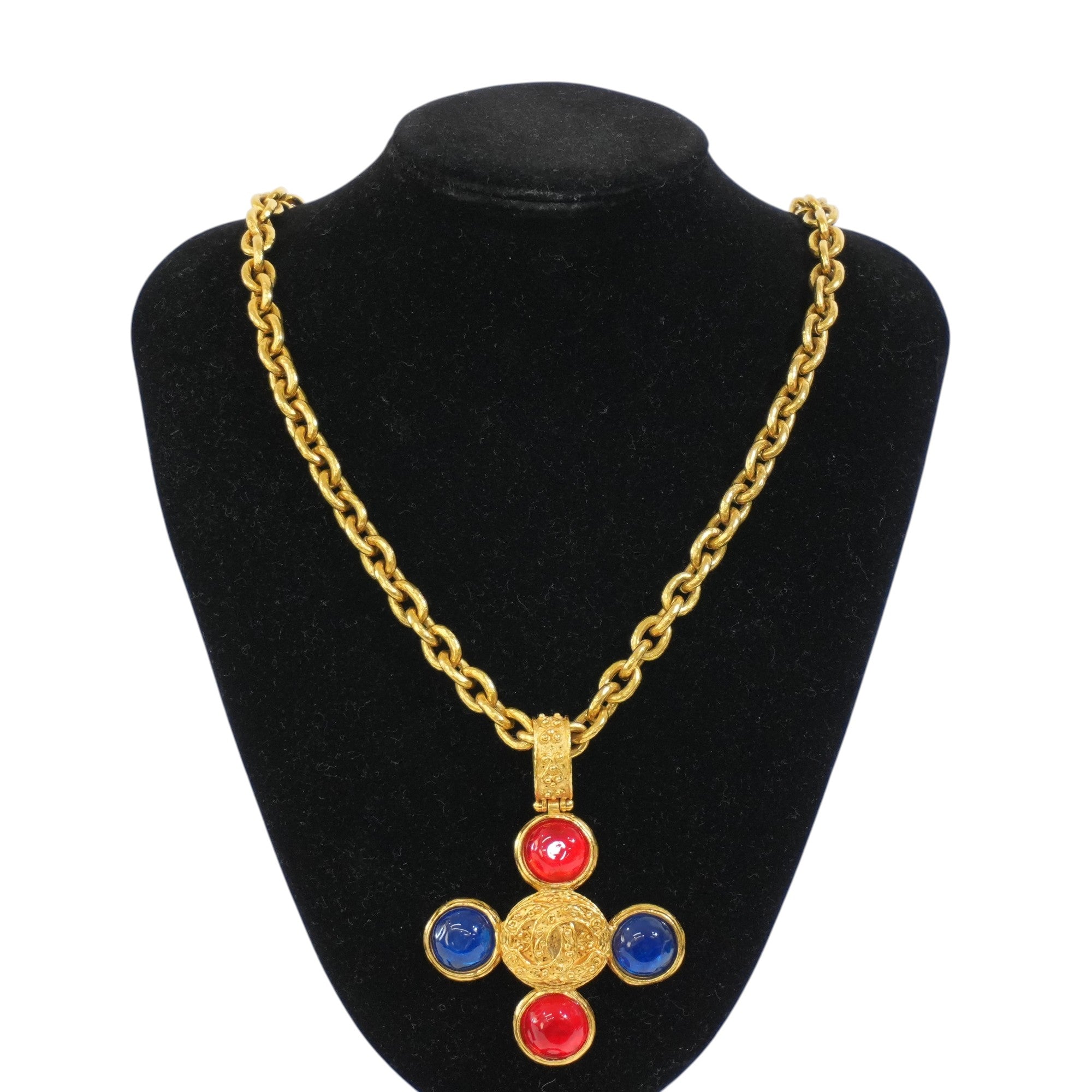 Pre-owned Chanel 24k Gold Plated Vintage Gripoix Cross Necklace 65cm