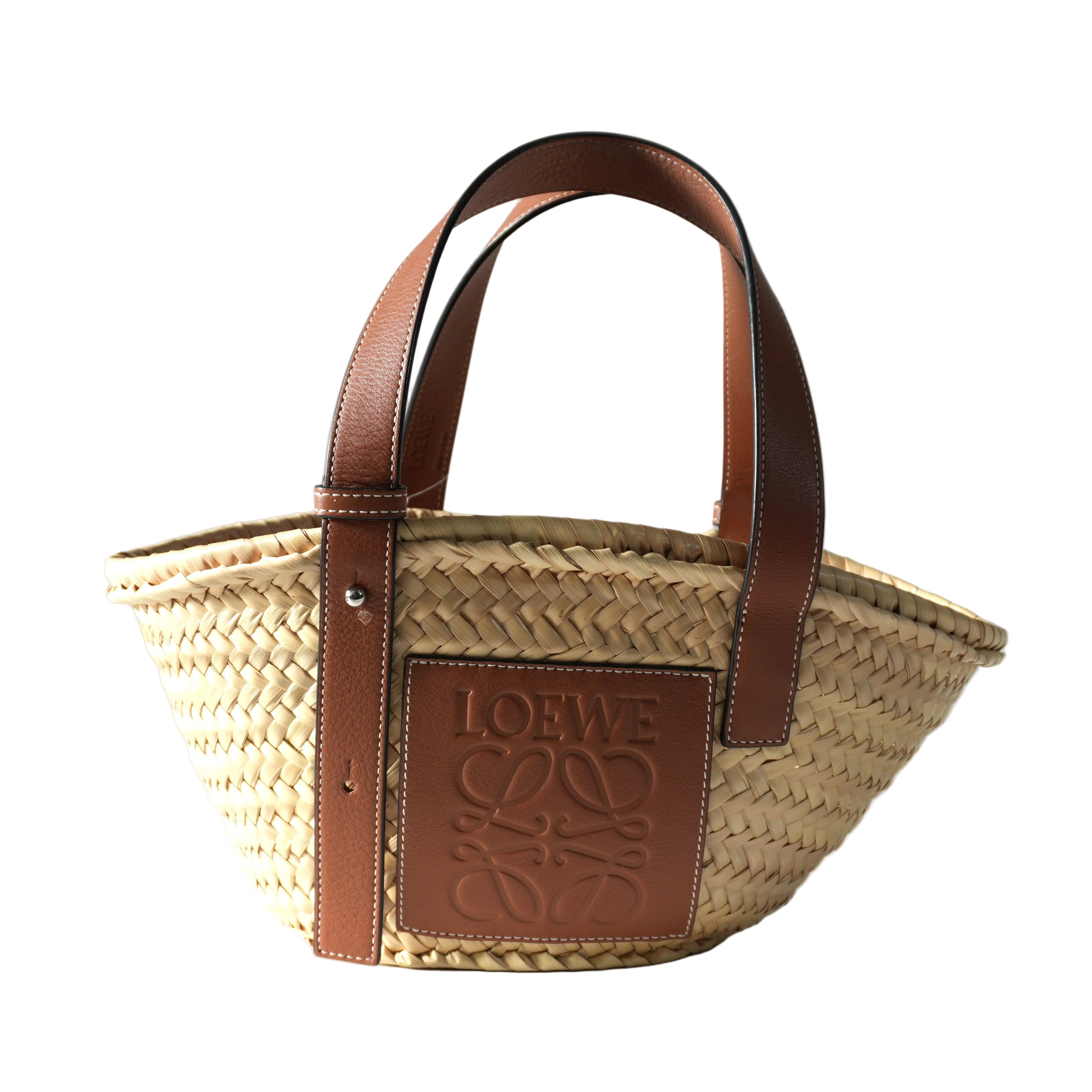 Pre-owned Loewe Raffia Small Anagram Basket Handbag Brown