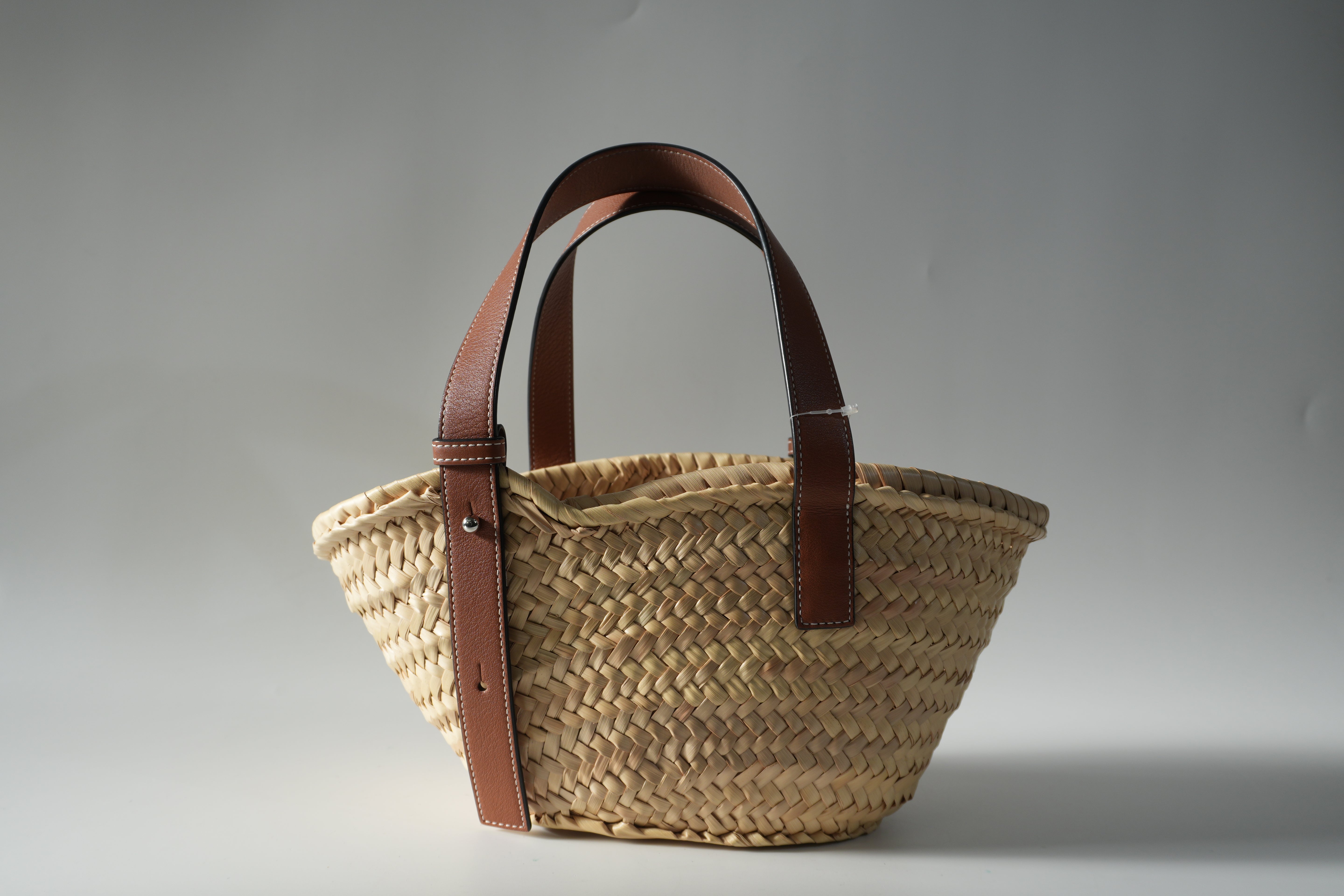 Pre-owned Loewe Raffia Small Anagram Basket Handbag Brown
