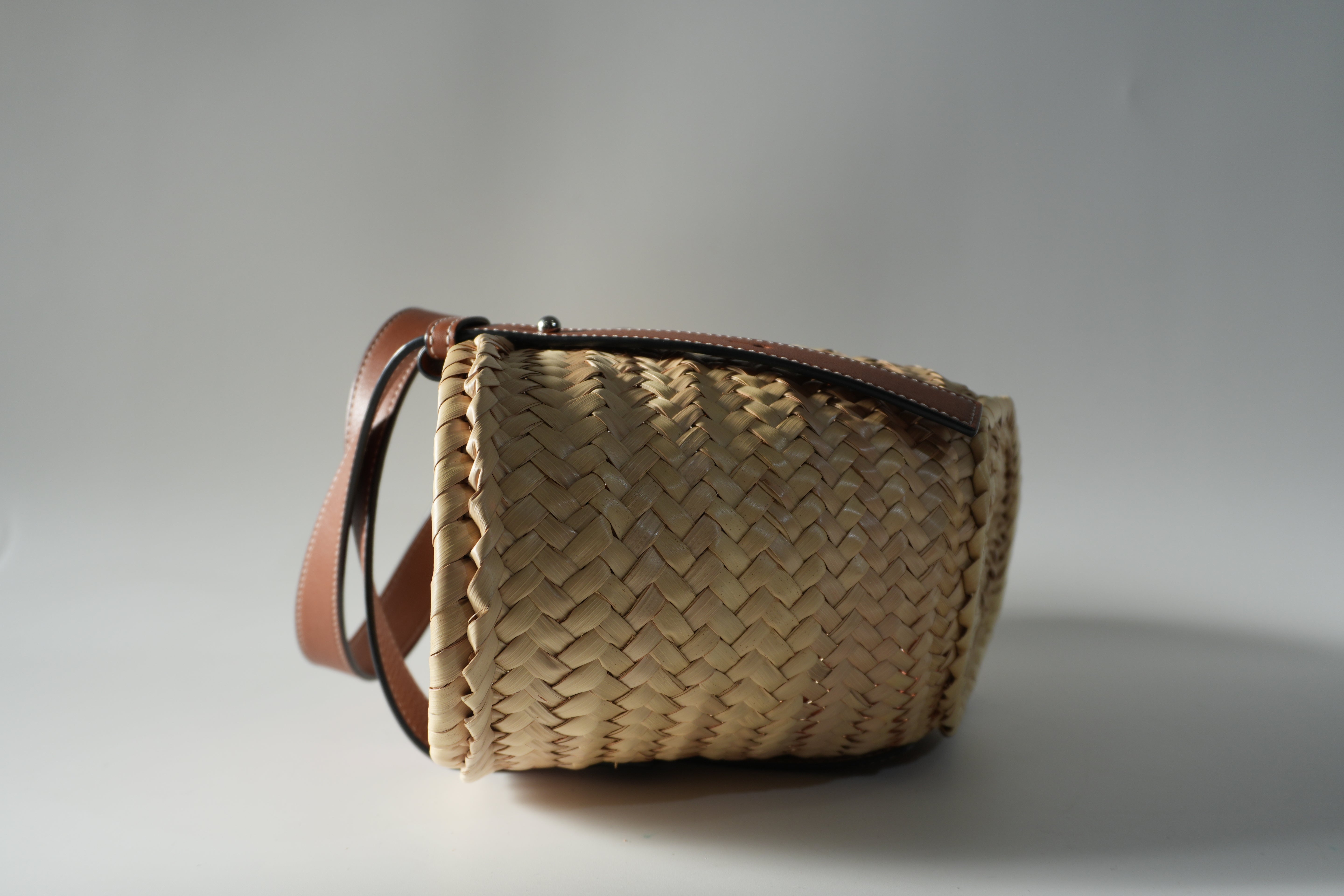 Pre-owned Loewe Raffia Small Anagram Basket Handbag Brown