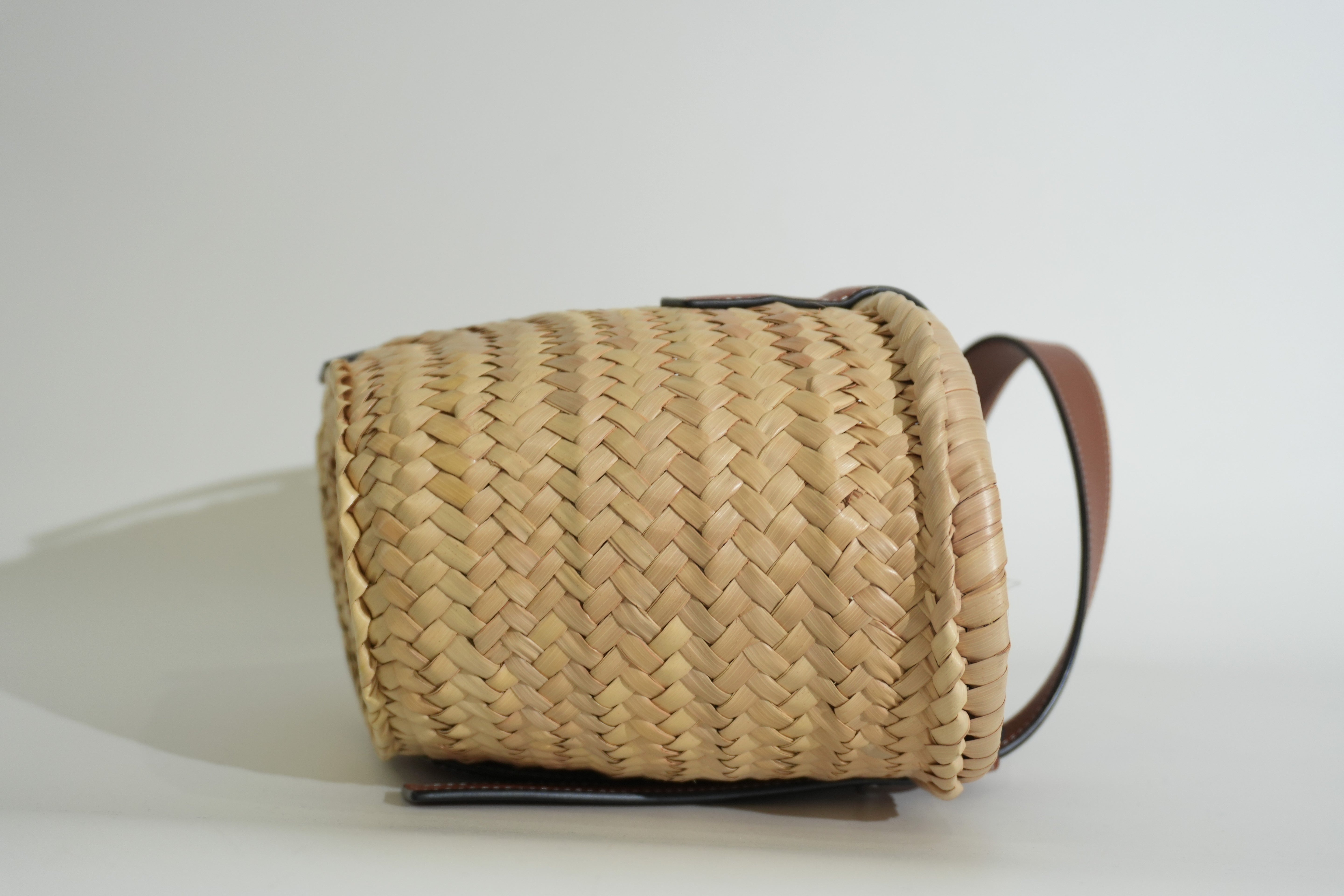 Pre-owned Loewe Raffia Small Anagram Basket Handbag Brown