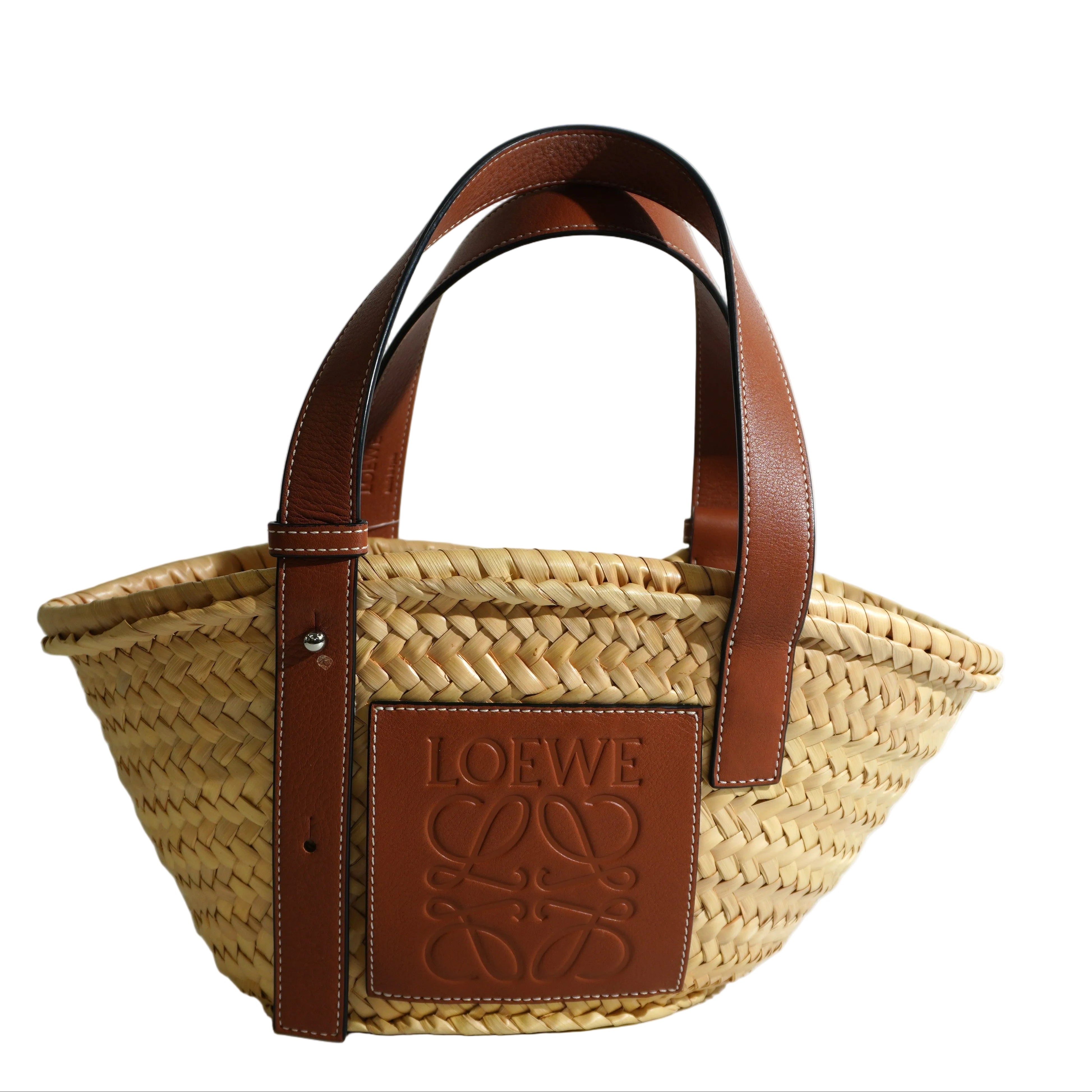 Pre-owned Loewe Raffia Small Anagram Basket Handbag Brown