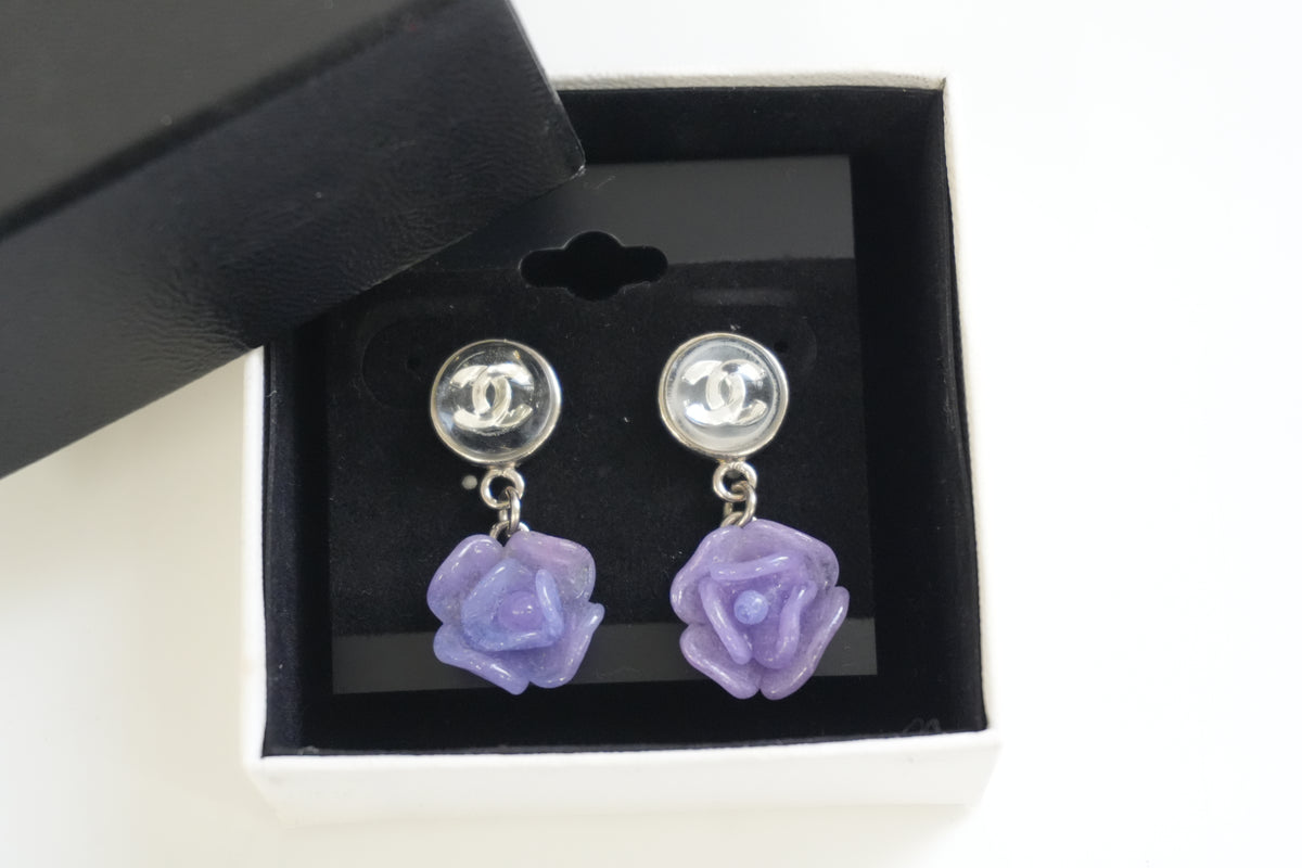 Pre-Owned Chanel Stainless Steel Camella Earrings Purple