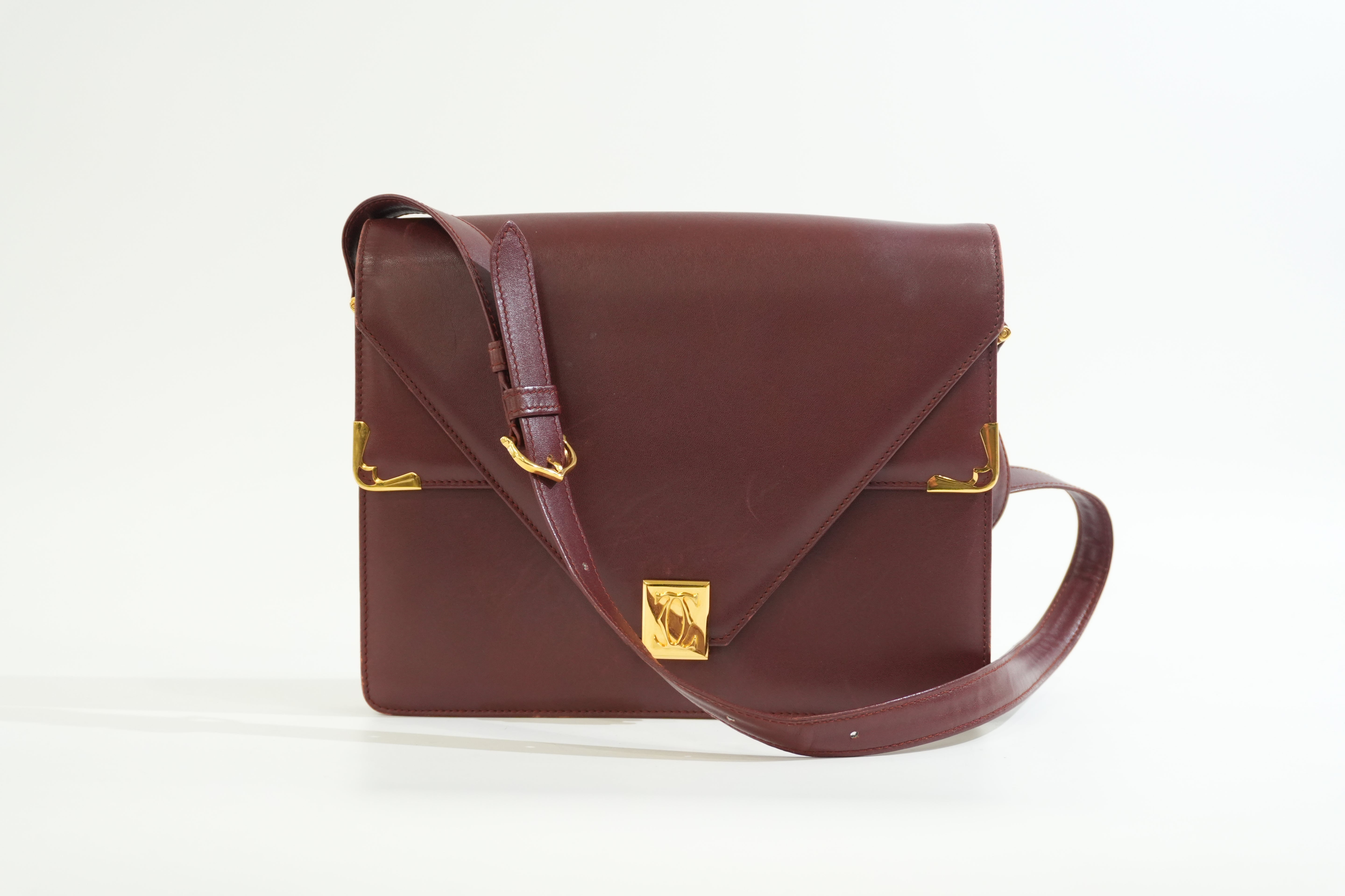 Pre-owned Cartier Double Flap Crossbody Bag Burgundy