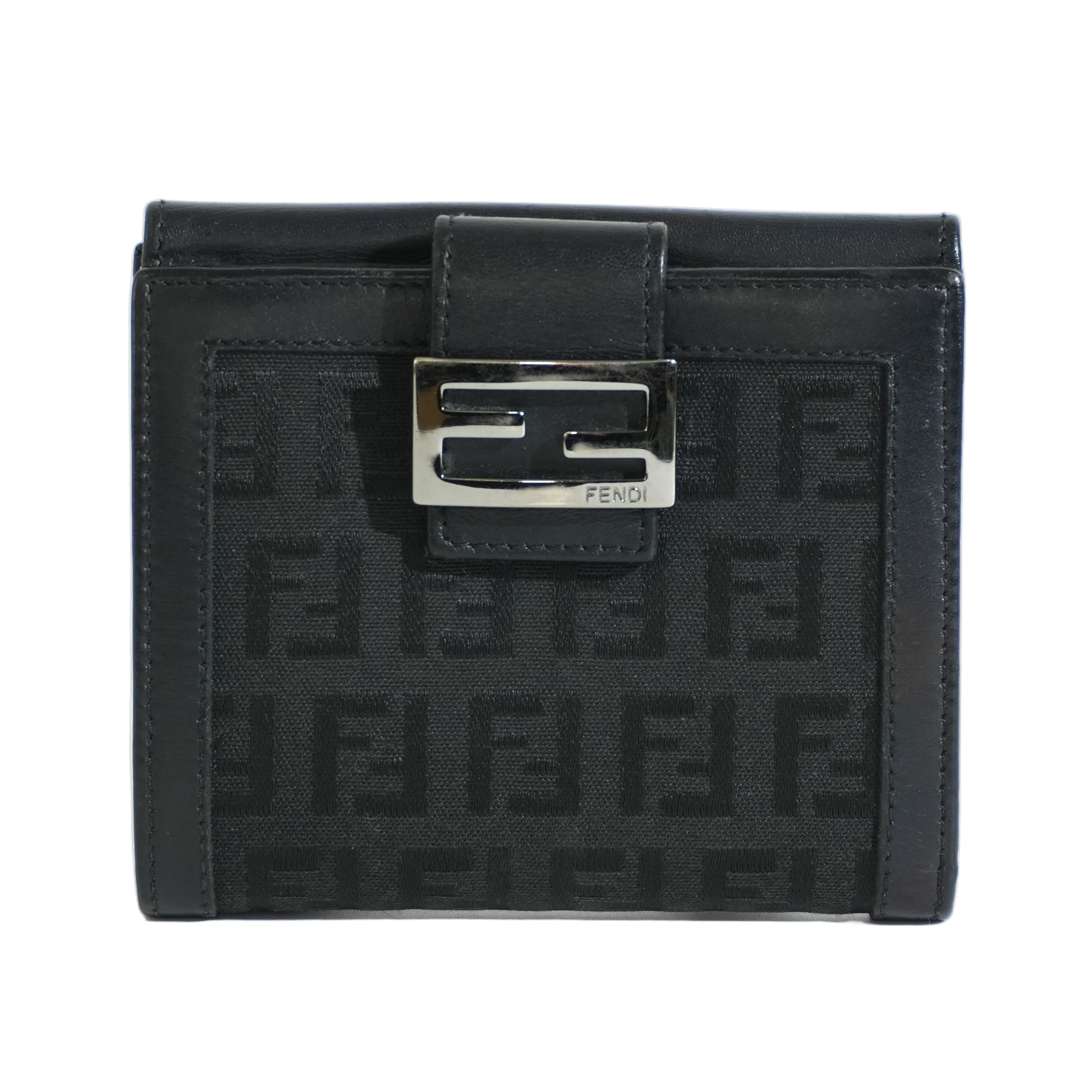 Pre-owned Fendi Zucchino Compact Wallet Black