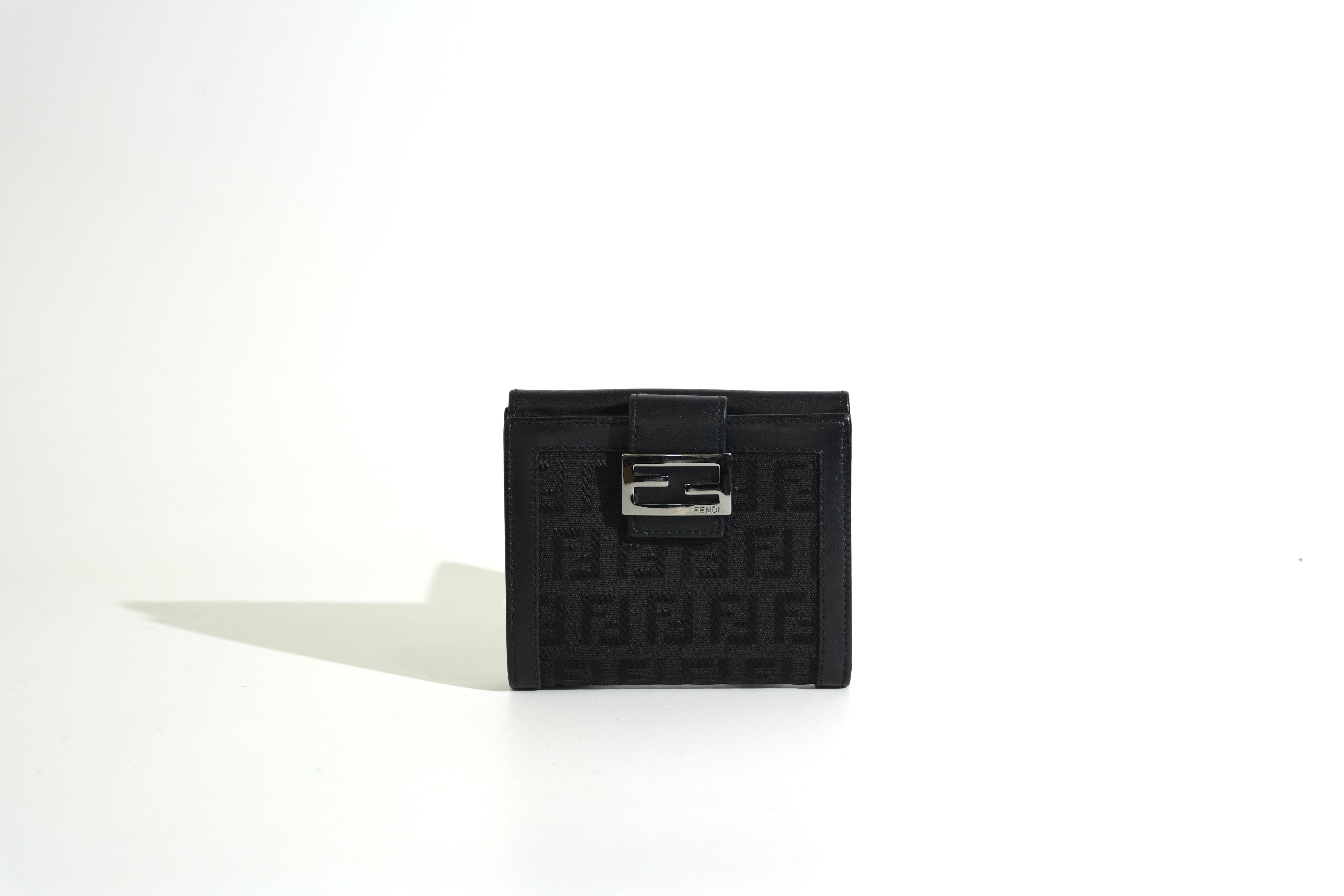 Pre-owned Fendi Zucchino Compact Wallet Black