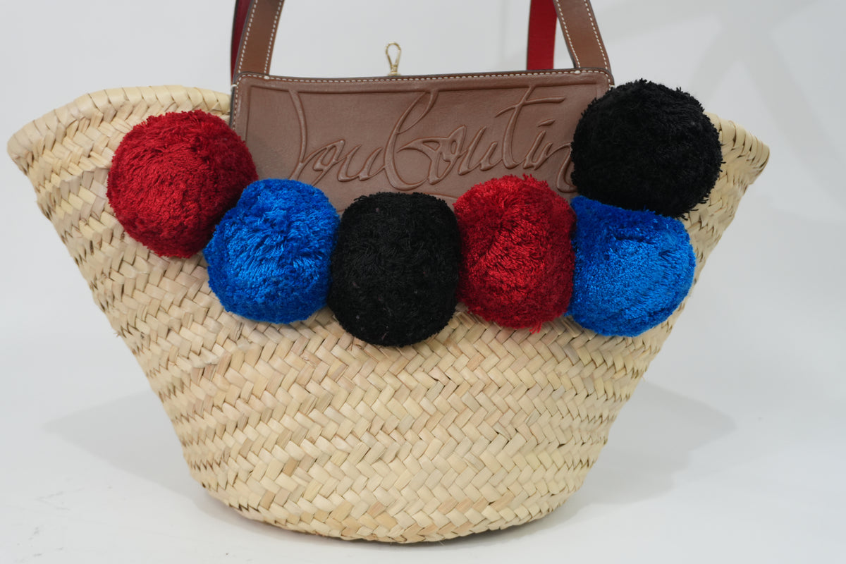 Pre-Owned Louboutin Raffia Loubishore PomPom Straw Tote Bag