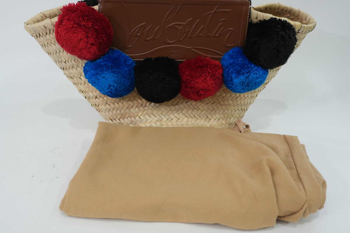 Pre-Owned Louboutin Raffia Loubishore PomPom Straw Tote Bag